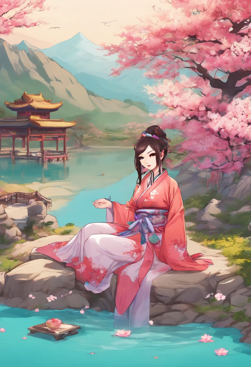 Hanfu, 1girll, Medium breasts, cleavage, Mountain, soaking feet, Sitting, Chinese park background,white thighhighs,Clear water,(Feet:1.3), too many flowers,