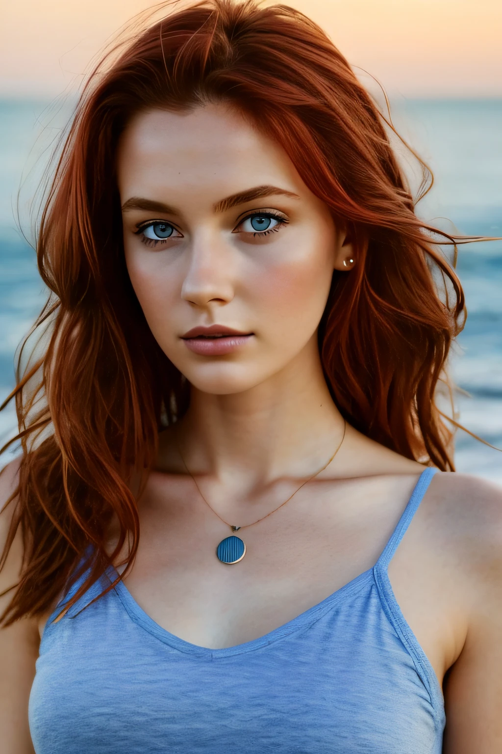 a photo of a realistic singular 25 years old woman, redhead, 1girl, tan white skin, pores skin, Slim Faces, soft lighting, nighttime on beach, realistic face, realistic body, full body, Best quality, Perfect beauty: 1.4, Slim Abs: 1.1, blue eyes, detailed eyes, ((Long red hair, large breasts)), red weavy hair, necklace, diamond earing, hard , on beach at night, wearing a black bikini, with small bone fire in background, waves cresting on the ocean