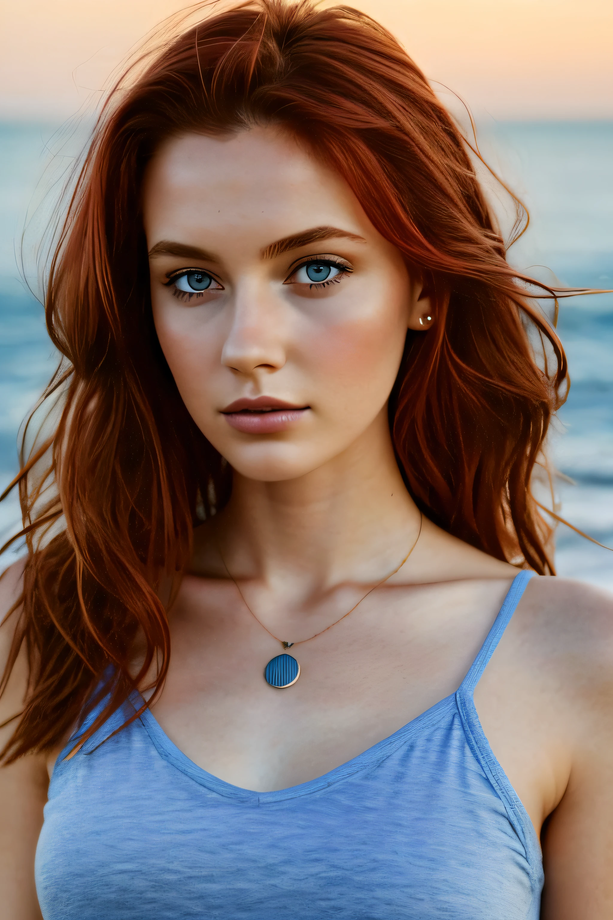 1fille dans, 23 ans, seulement, cheveux longs, Colossal, Regarder le spectateur, Long messy windy red hair, yeux bleus, bare shoulders, bijoux, corps entier, un collier, off shoulders, Chandails, Realstic, Un sexy, un peu tache de rousseur