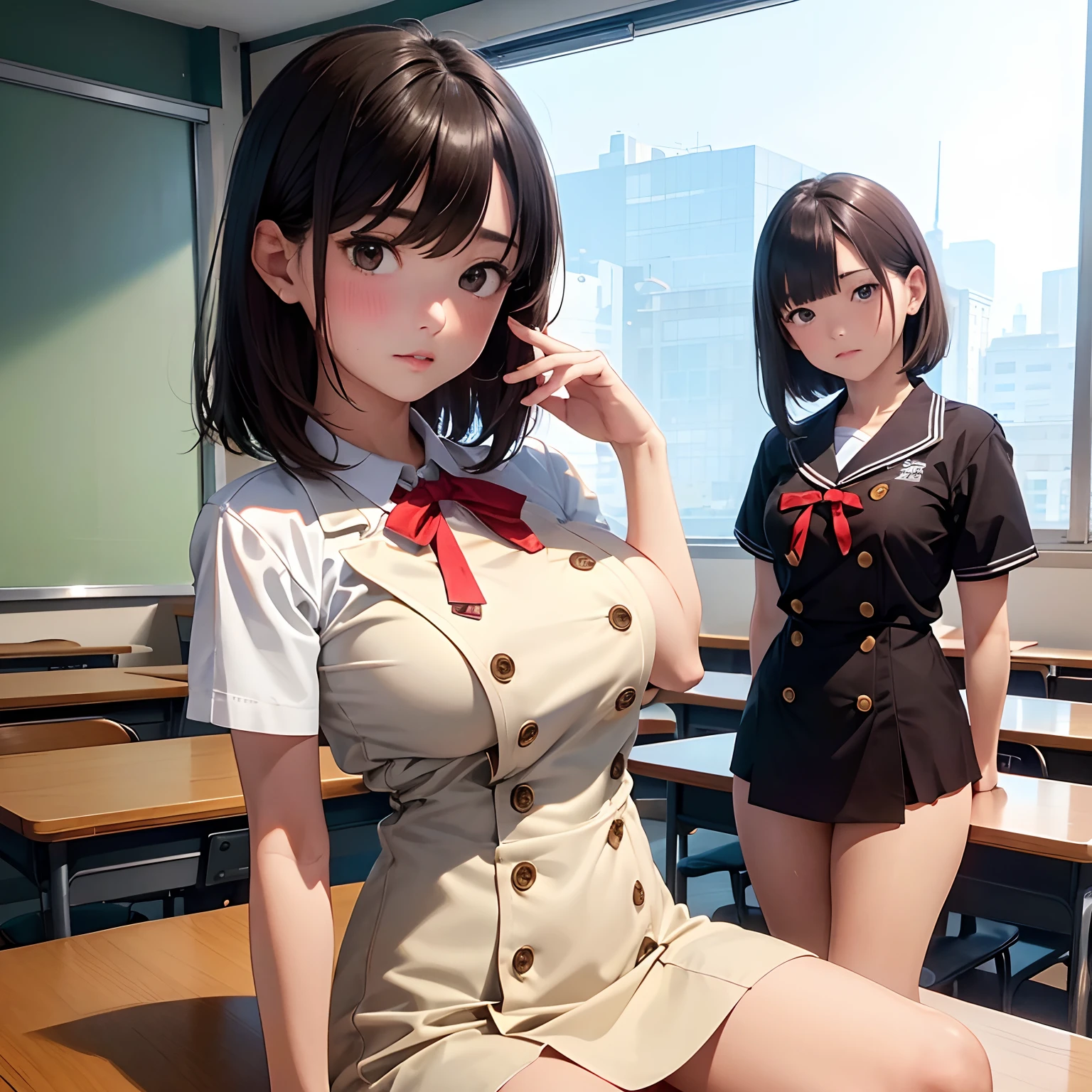 Highest quality，masterpiece，Ultra-high resolution, Very detailed, 8K，14 year old beautiful Japanese woman:1.5, Small face, Black short hair, blunt bangs, Breast Augmentation Surgery, (Junior high school uniform:1.5, skirt), 　chest tied with rope、　Sit in the classroom、　Hands tied with rope、　Put your hands behind your head