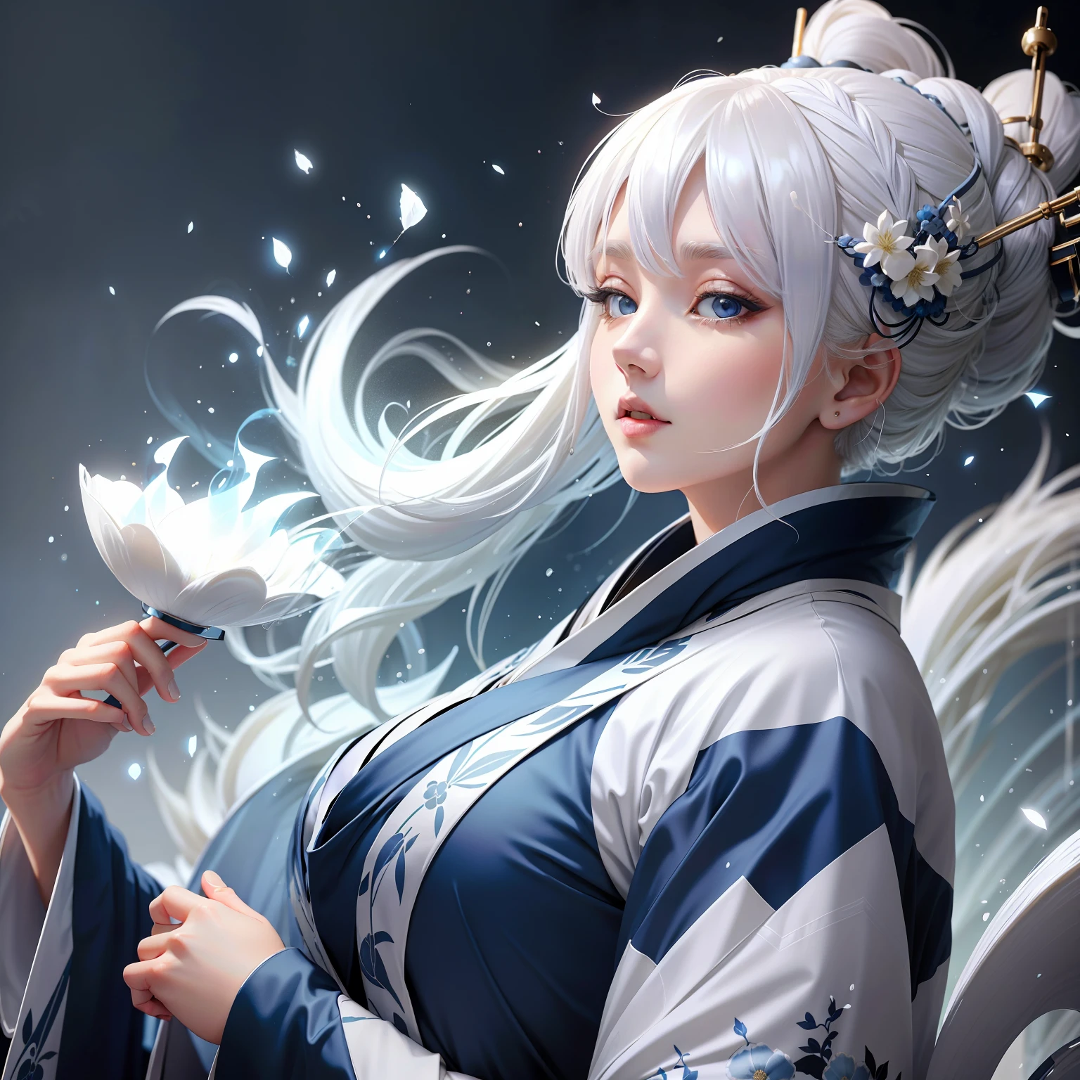 White hair, blue kimono, beautiful girl, beautiful big