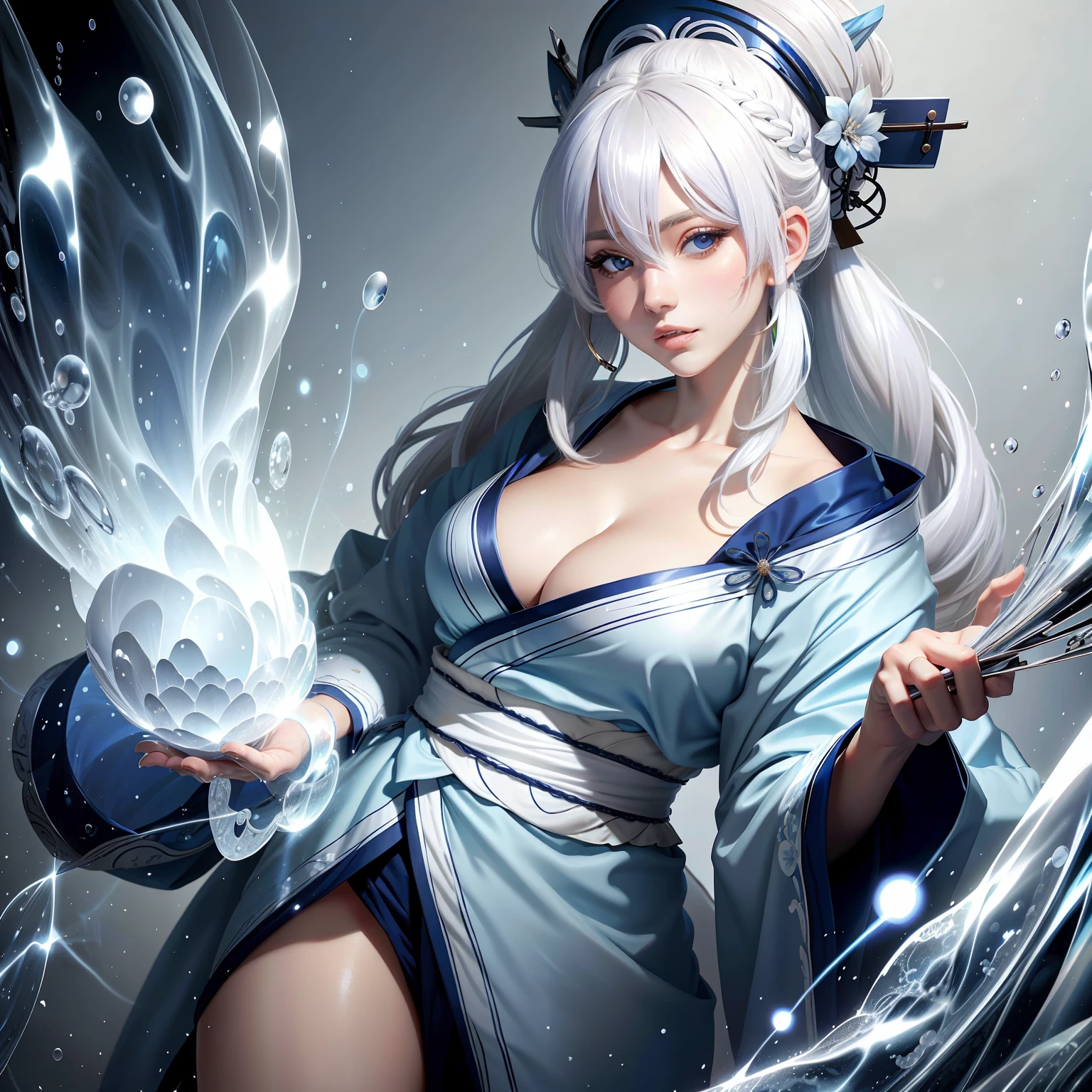 White hair, blue kimono, beautiful girl, beautiful big