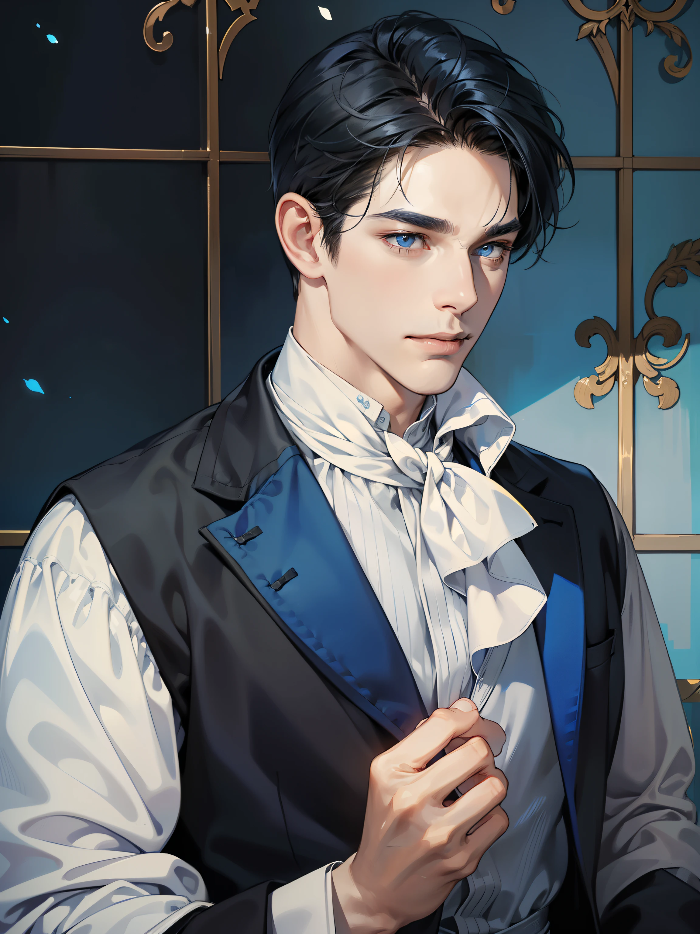masterpiece, best quality, realistic, 1man, mature male, quiet and charming middle age man, blue skin, 40 years old, gentle smile, closed mouth, portrait, extremely detailed face, a little distant, dark blue eyes, blue skin), ((short-right-swept dandy black hair)), [thick eyebrows], detailed clothe, medieval, fantasy (black-white suit)