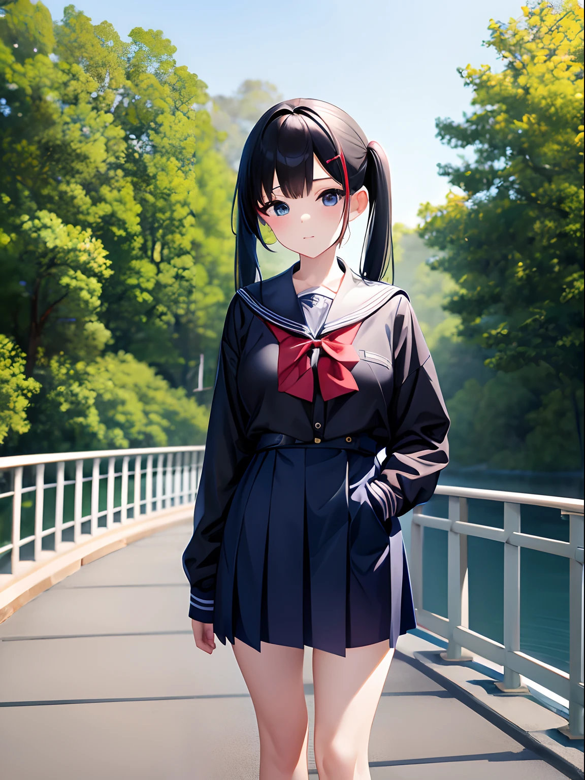 Masterpiece, 2d, hd, a woman standing on a bridge holding a blue purse, ayaka cosplay, school uniform, ulzzang, red bow in hair, childrens toy, wearing detailed leather collar, chinese girl, black-hair pretty face, cute huge pockets, inside elementary school, long pigtail, sussy baka