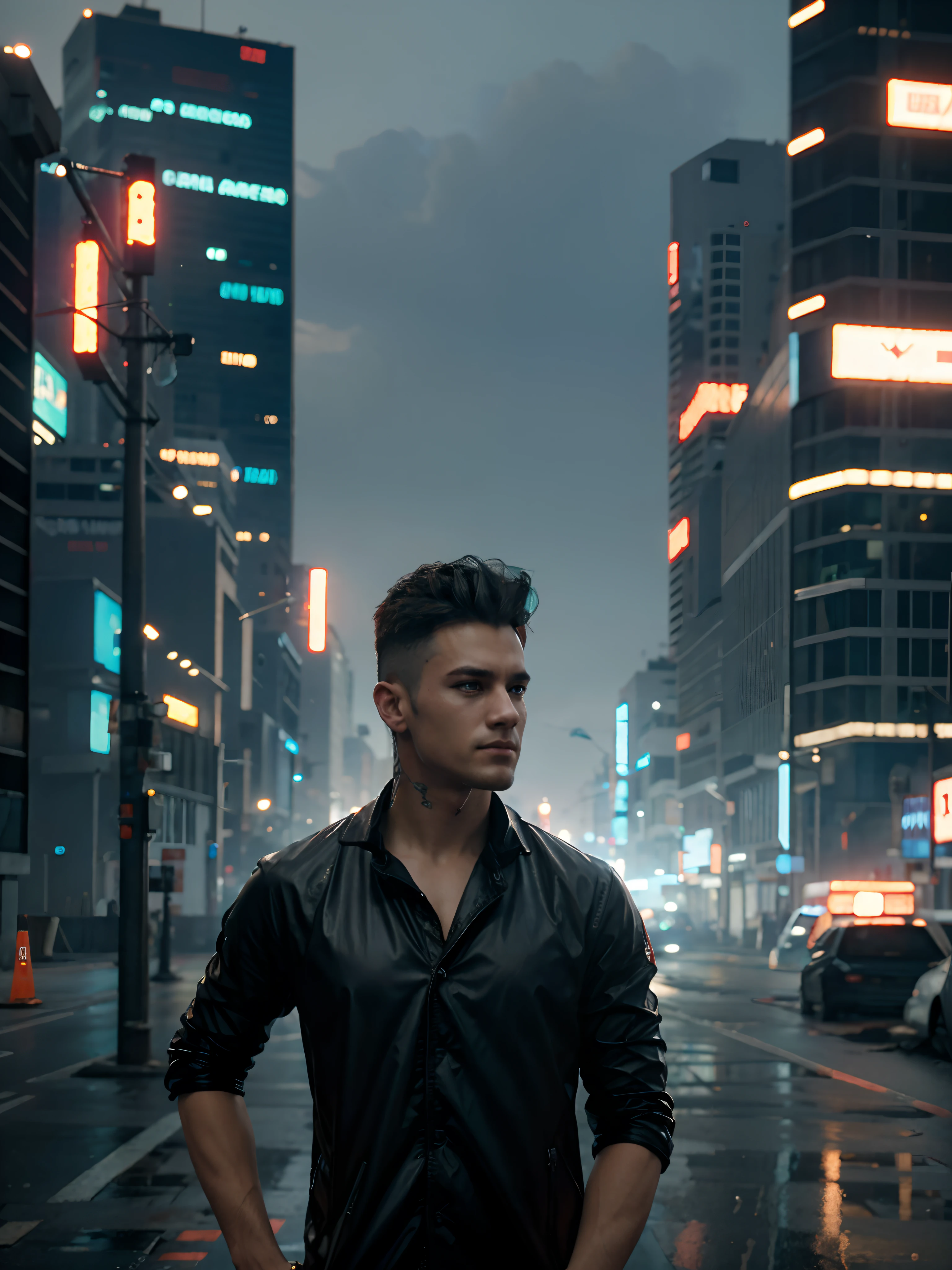 Change background to cyberpunk city handsome boy, realistic face, 8K, ultra realistic.