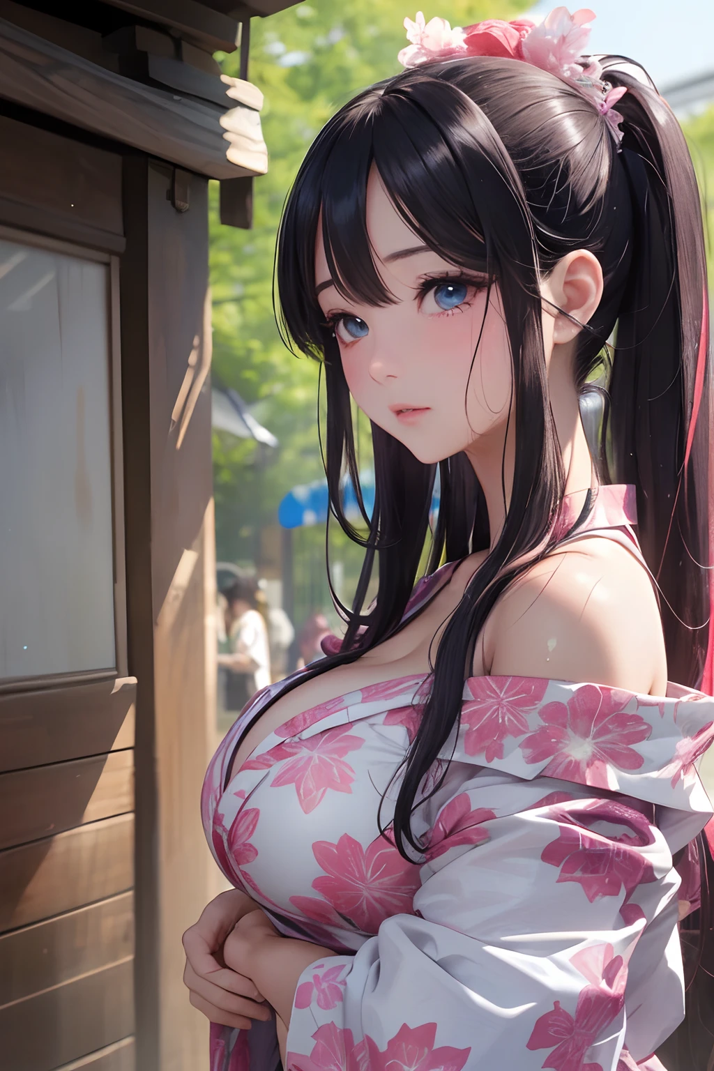 8K picture quality、top-quality、masutepiece、An ultra-high picture quality、ultra-detailliert、Ultra-realistic hair quality、Vibrant colors、Beautuful Women、Beautiful long hair、Shiny hair、detailed hairs、poneyTail、Blue eyes、shinny skin,Very gigantic-breasts、Sweat on the forehead and cheeks、off-shoulder yukata、embarassed expression、soft pink lips、Ultra-realistic flesh feeling、Red cheeks、summer festival in background