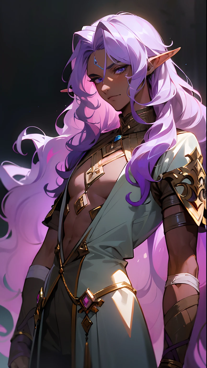(masterpiece, best quality:1.3),beautiful detailed glow,best illuminate,(((best quality,textile shading,ultra detailed))),extremely detailed CG unity 8k wallpaper,Highly Detailed beautiful and aesthetic,best light,high resolution,detailed,dynamic lighting , 1Character , pastel washed out colors , cell shade , soft, muted shades ,gentle colors
((Beautiful man:1)) , ((Dark skin:1.5)) , ((long hair)) , ((light purple hair)) , ((male:1.4)) , full lips , blue eyes , voluminous hair,((elf ears:1)), ((Skinny build)) ,effeminate , ((has a center part in hair:1)), full long eyelashes,((wavy hair:1.3)) , Bishounen, possess delicate and androgynous features, age 33