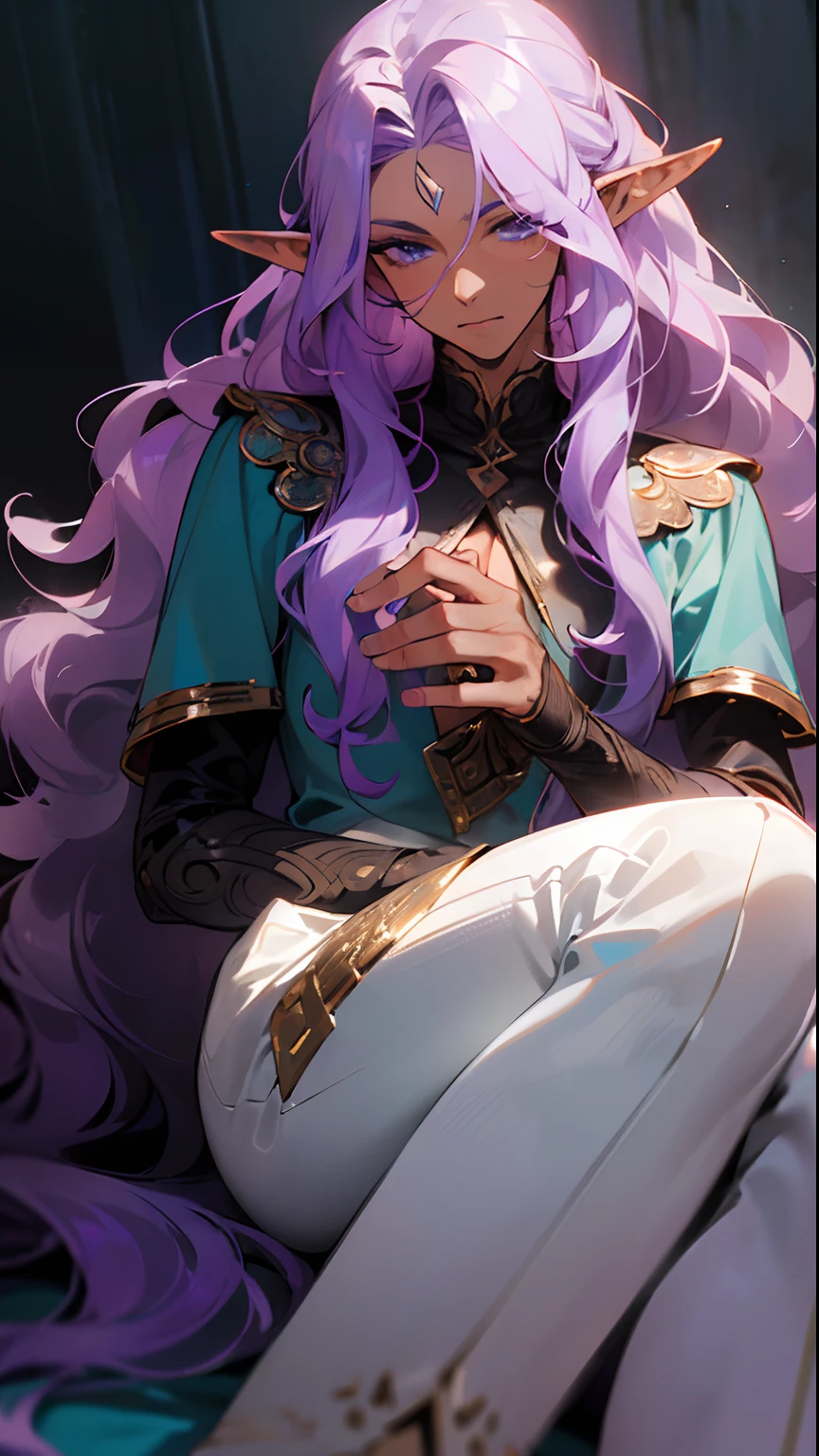 (masterpiece, best quality:1.3),beautiful detailed glow,best illuminate,(((best quality,textile shading,ultra detailed))),extremely detailed CG unity 8k wallpaper,Highly Detailed beautiful and aesthetic,best light,high resolution,detailed,dynamic lighting , 1Character , pastel washed out colors , cell shade , soft, muted shades ,gentle colors
((Beautiful man:1)) , ((Dark skin:1.5)) , ((long hair)) , ((light purple hair)) , ((male:1.4)) , full lips , blue eyes , voluminous hair,((elf ears:1)), ((Skinny build)) ,effeminate , ((has a center part in hair:1)), full long eyelashes,((wavy hair:1.3)) , Bishounen, possess delicate and androgynous features, age 33
