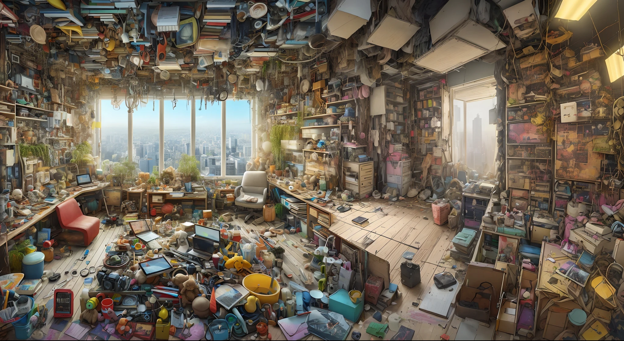 arafed room with a lot of toys and a window, cluttered room, extreme clutter, messy room, cluttered, inside a messy room, messy maximalist interior, cluttered medium shot, clutter, dirty apartment, dirty room, dense hypermaximalist metropolis, messy bedroom, inside a cluttered bedroom, photorealistic room, chaotic teenage bedroom, junk everywhere