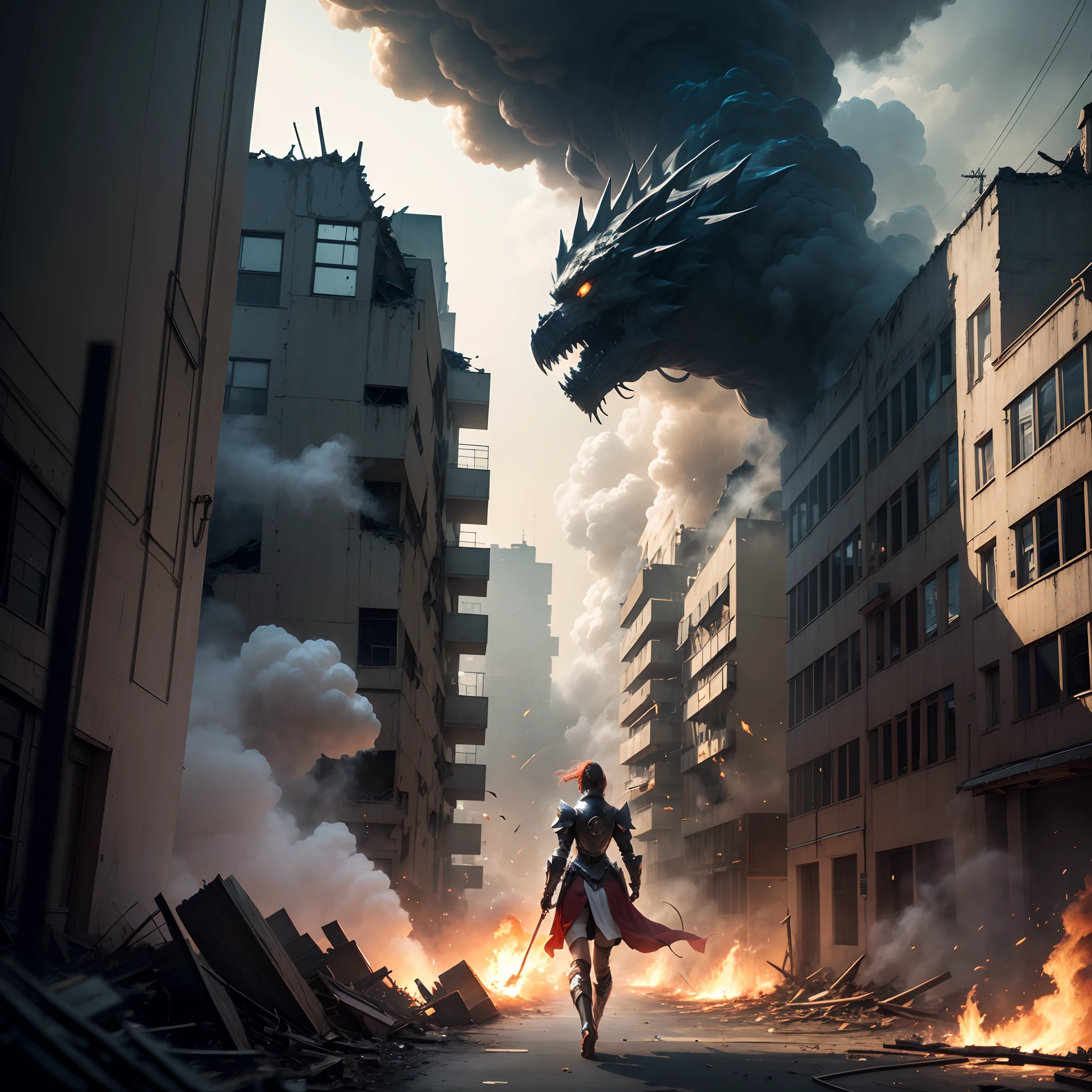 Hero wearing glowing armor fighting black smoke and assimilated monsters The hero is a woman in a building street with fire and smoke rising、The building is collapsing