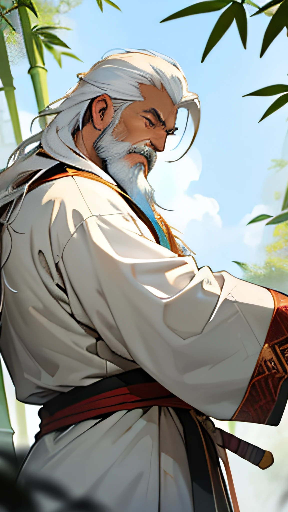 old handsome asian male((long white hair, white beard)), hermit, misty mountain, hands behind back, inspired by Jin Yong martial arts, wearing ancient Chinese clothes, elegant, bamboo leaves, sunlight, ink painting style, clean colors, decisive cut, blank space, freehand, masterpiece, super detailed, epic General composition, high quality, highest quality, 4k --v 6