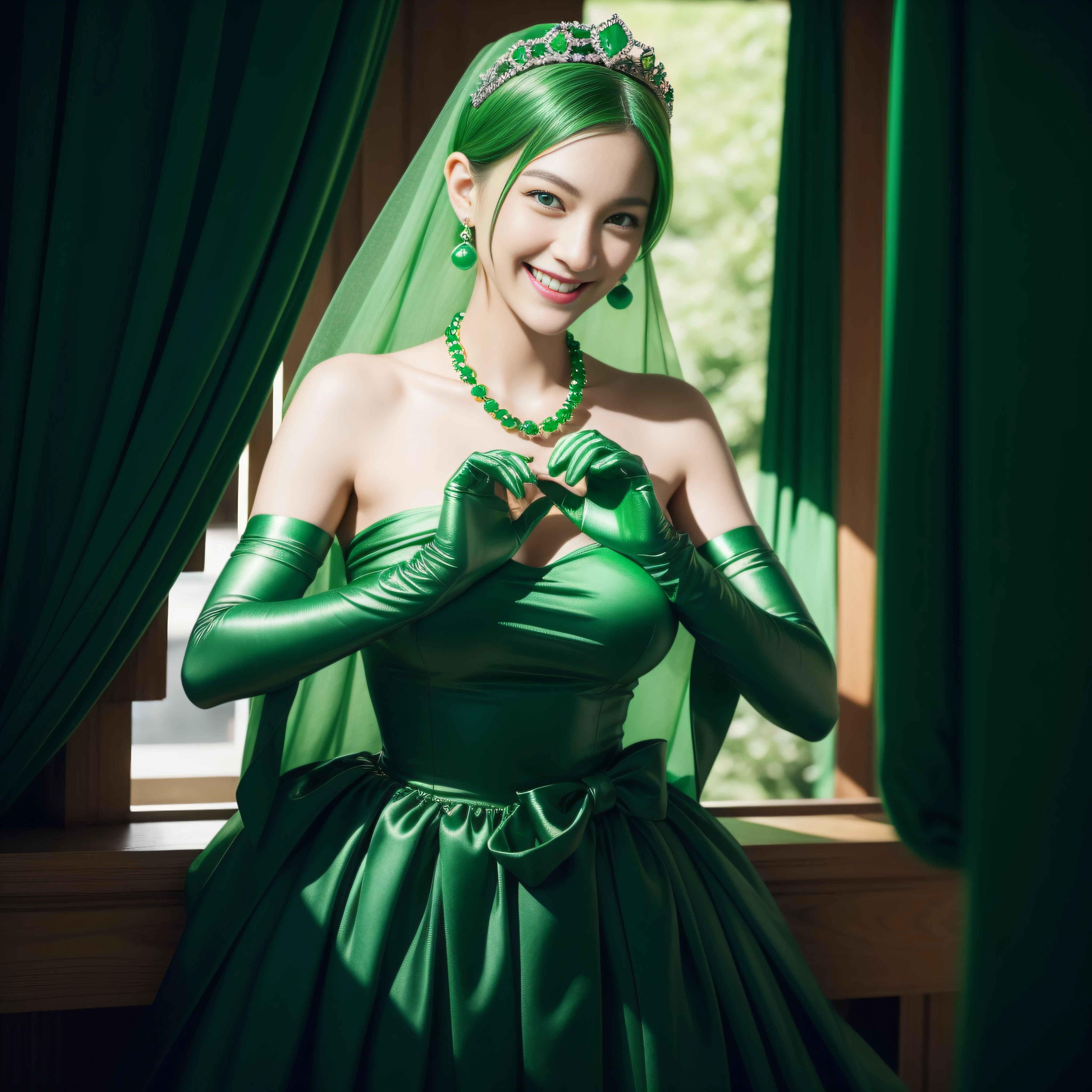 emerald tiara, Green Pearl Necklace, Boyish very short green hair, lipsticks, Japan woman smiling, very short short hair,  big breasts beautiful, Green eyes, Long green gloves made of satin material, Green eyes, Emerald Earrings, green vale, Heart with both hands,Green hair