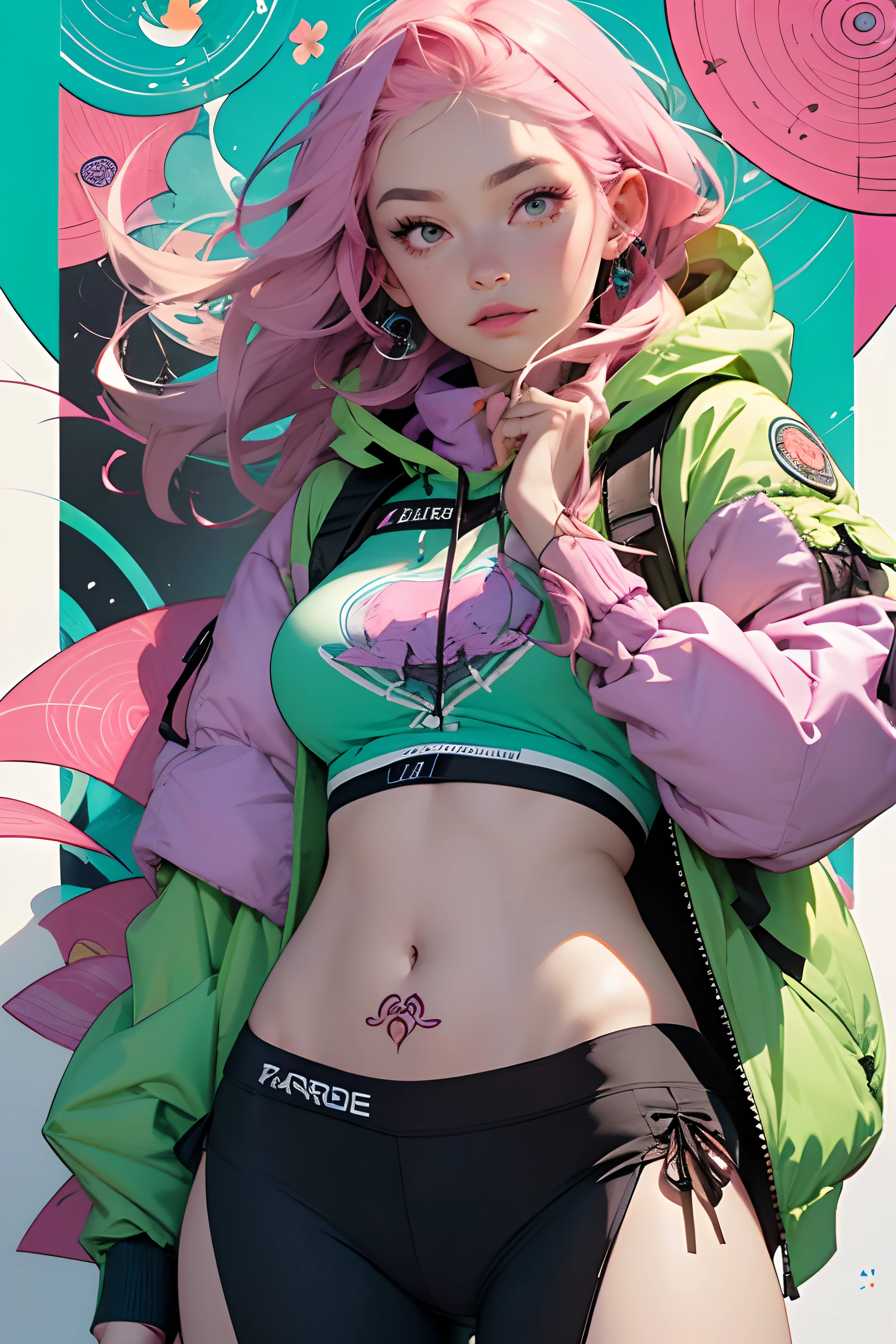 verde: 1.5, laranja: 1.1, Branco: 1.3, amarelo: 1.3, (garota rapper com cabelo pavor), tatuagens, (roupas puffer do poder: 1.2), flor, folhas, mistborn, linhas, background circles, (Purple, Cyan, Pink).