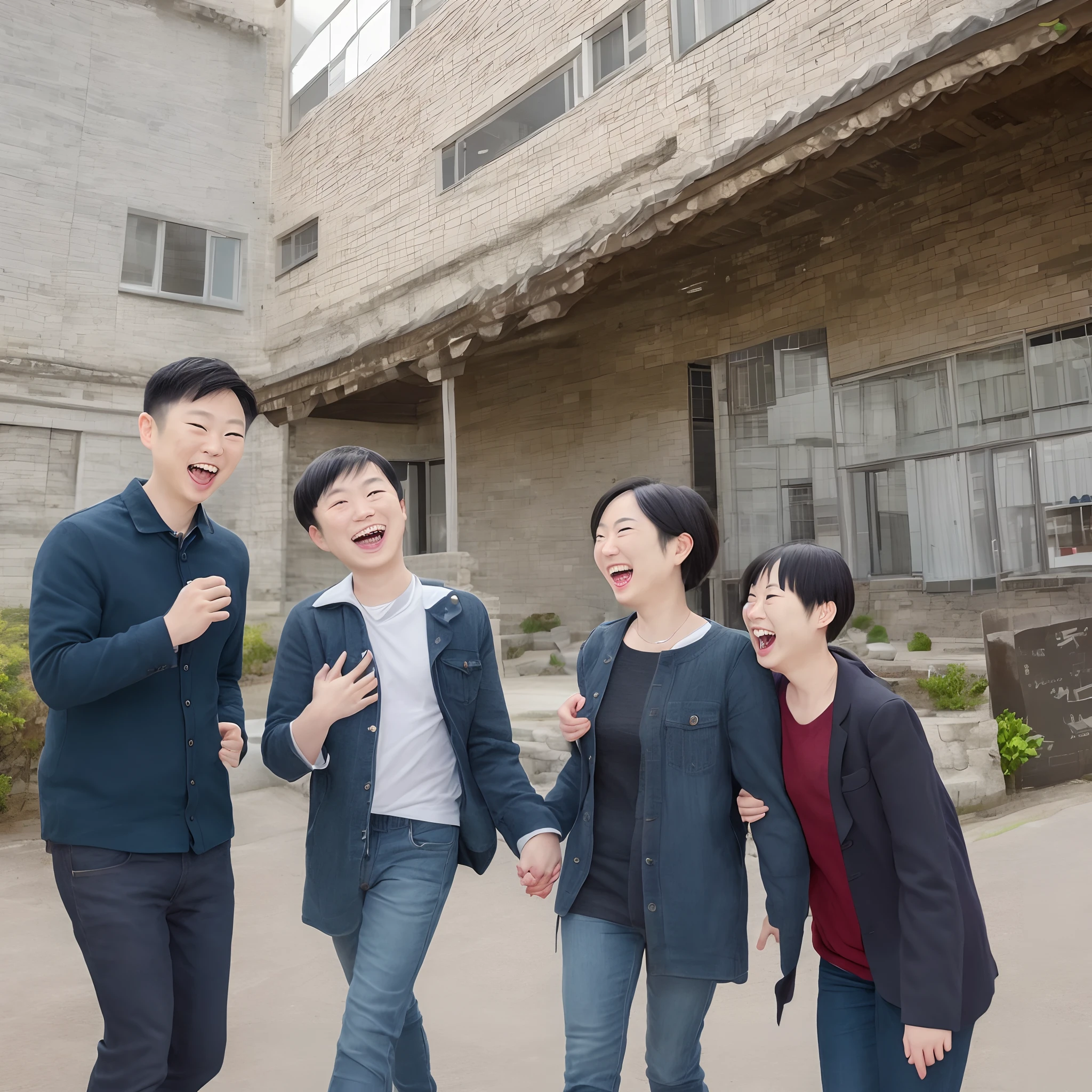 Three laughing with a 40-year-old husband, wife and elementary school son in the background of an old building。