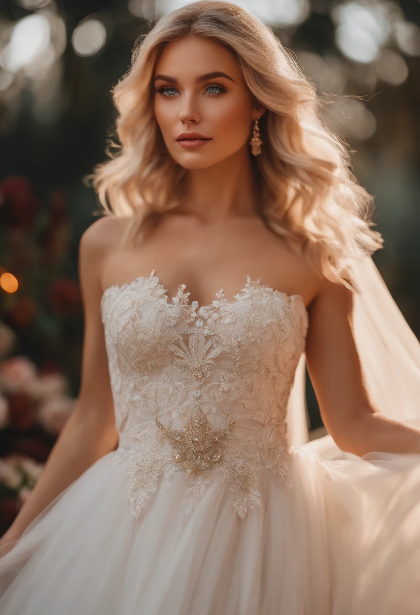 realistic white female instagram influencer, best quality, gold blonde hair, 1 girl, blue eyes, in a wedding dress, at a party