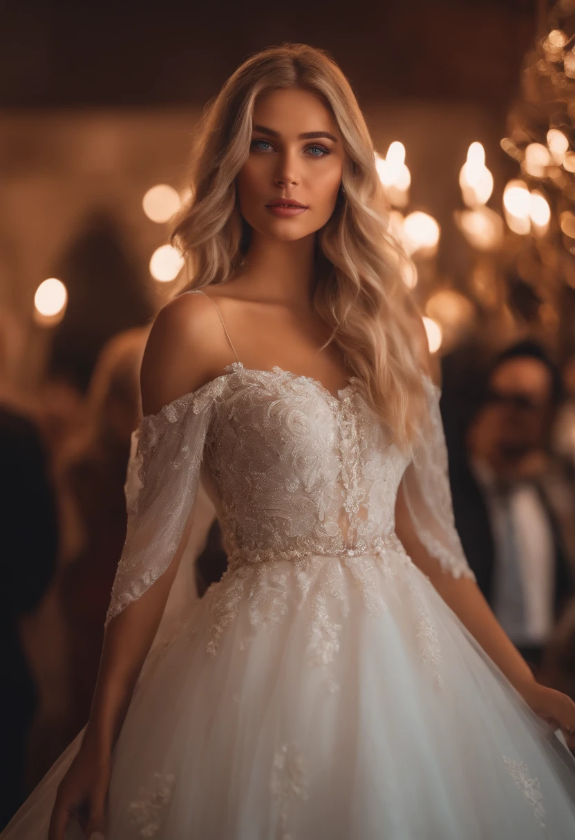 realistic white female instagram influencer, best quality, gold blonde hair, 1 girl, blue eyes, in a wedding dress, at a party