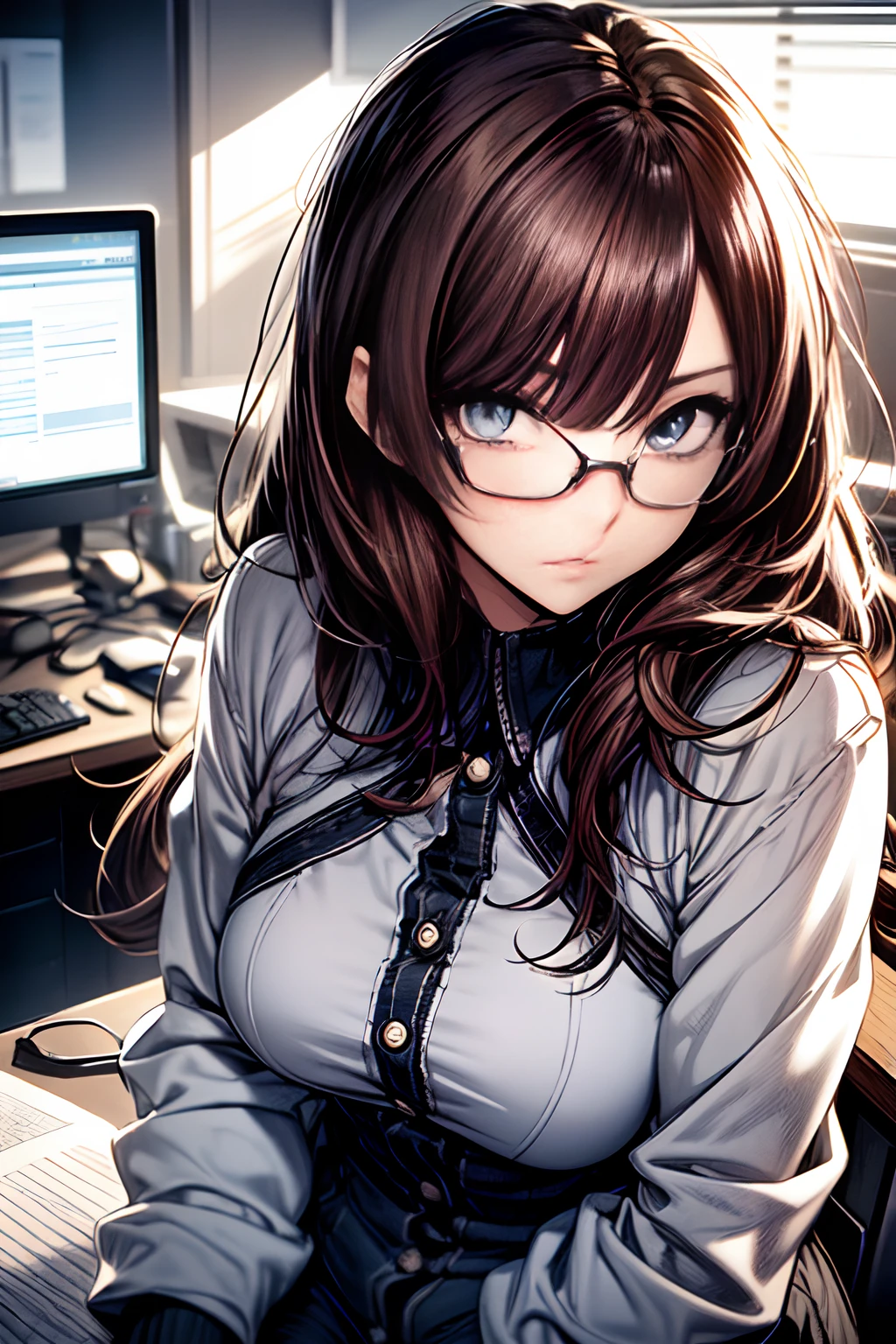 eye glass。top-quality, Photorealistic, An ultra-fine illustrations, beautiful attractive anime girl, Brown hair, Slender body, Tied hair, one girls, a photo of girl, Full body shot, Beautiful blue eyes, Turned, in a office、Sitting at your desk、Women's Suits、Ahegao , Silly,Sexual ecstasy,Drunken eyes,Blunt bangs,,(masutepiece:1.2, Best Quality), (finely detailed beautiful eye: 1.2), (Detailed background,Dark Fantasy), (beautifull detailed face), High contrast, (Best Illumination, extremely delicate and beautiful), ((Cinematic Light)), Colorful, Hyper Detail, Dramatic light, Intricate details,