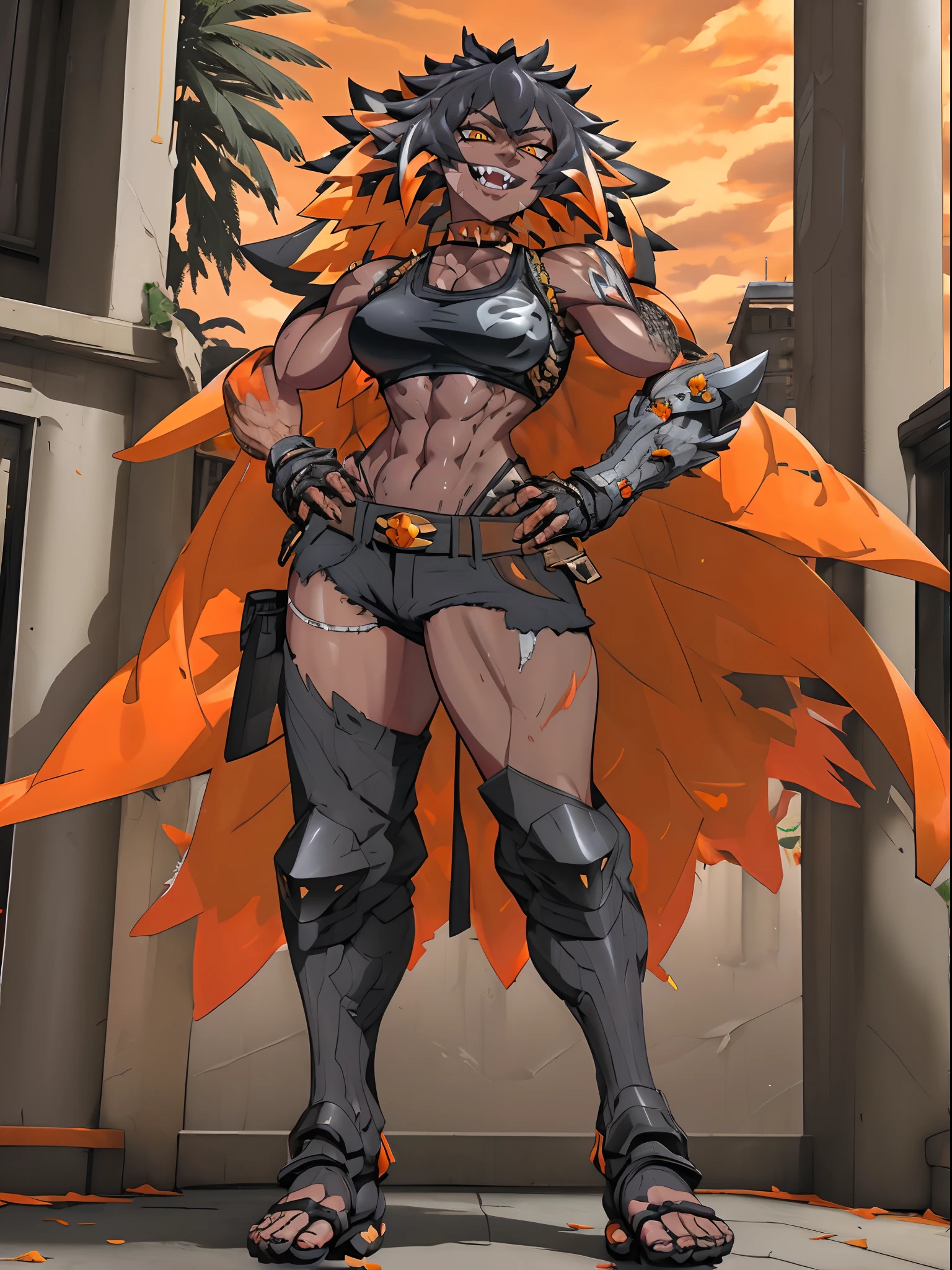 (Masterpiece, best quality:1.2), (highres, ultra-detailed), (absurdres, perfect anatomy), 1girl, solo, , anihh, slit pupils, dark-skinned female, black hair, orange colored inner hair, scar, fangs, black choker, hands on hips, outdoors, open vest, black loose t-shirt, black shorts, fingerless gloves, muscular, (covered (navel:0.5)) , full body flipflops,(icone de um jogo), (icone de peitoral : 1.5), um peitoral , peitoral marrom, chest plate, peitoral pesada marrom, peitoral grosso, peitoral de Armadura intrincada, peitoral de armadura de fantasia pesada, peitoral detalhado, armadura ornamentada, peitoral de Armadura Paladina, peitoral dearmadura de batalha, intrincada peitoral, smile, full body