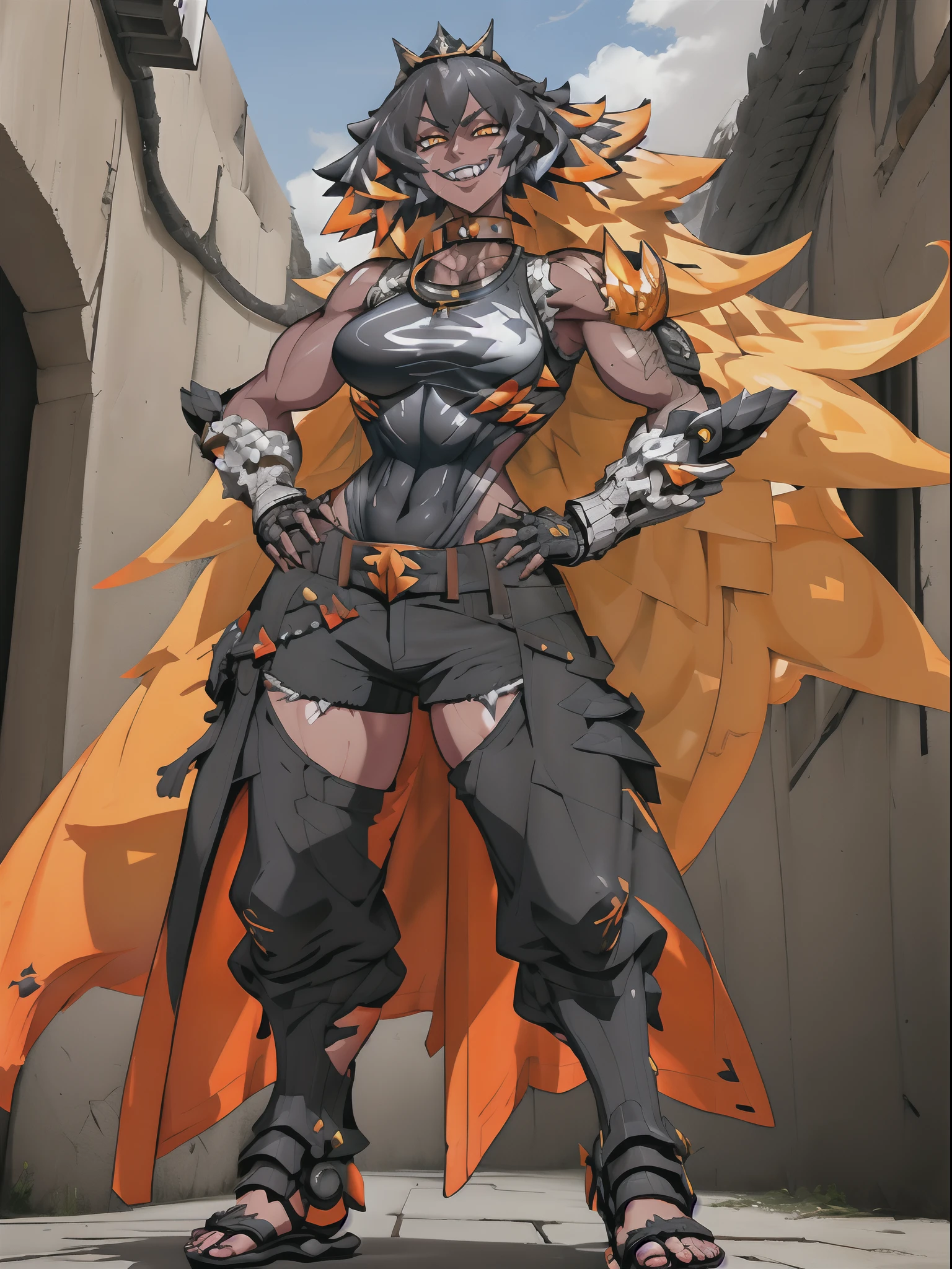 (Masterpiece, best quality:1.2), (highres, ultra-detailed), (absurdres, perfect anatomy), 1girl, solo, , anihh, slit pupils, dark-skinned female, black hair, orange colored inner hair, scar, fangs, black choker, hands on hips, outdoors, open vest, black loose t-shirt, black shorts, fingerless gloves, muscular, (covered (navel:0.5)) , full body flipflops,(icone de um jogo), (icone de peitoral : 1.5), um peitoral , peitoral marrom, chest plate, peitoral pesada marrom, peitoral grosso, peitoral de Armadura intrincada, peitoral de armadura de fantasia pesada, peitoral detalhado, armadura ornamentada, peitoral de Armadura Paladina, peitoral dearmadura de batalha, intrincada peitoral, smile, full body