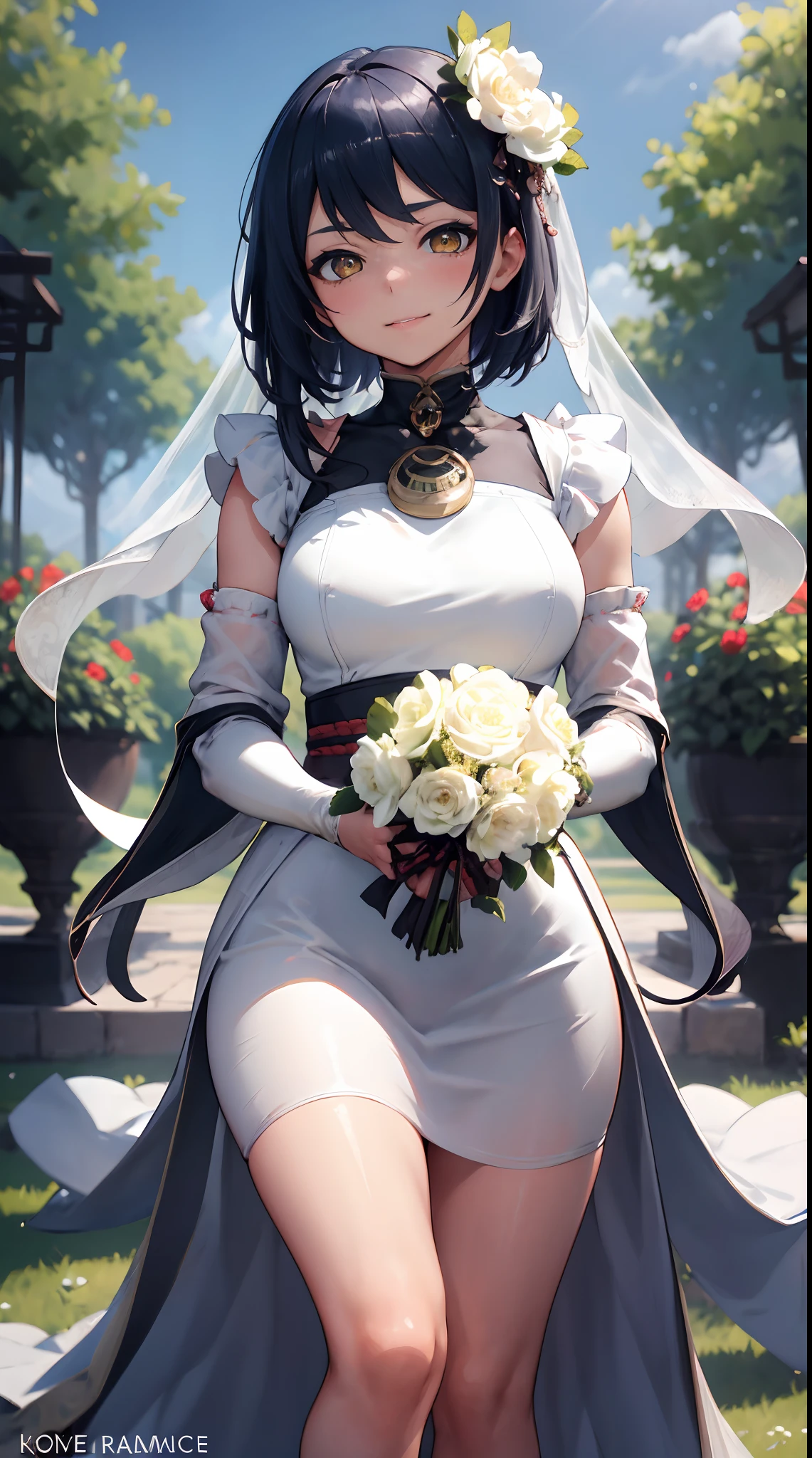 Kujou Sara | genshin impact, master-piece, bestquality, 1girls,25 years old, proportional body, proportional., Wedding Dresses, White Wedding Dress, Long skirt, wedding, ,bara, Standing in the middle of a flower garden, outdoor, wedding, The sky is beautiful, Both hands hold a bouquet of flowers.................................................., View viewers from the front., Thigh strap, Head tilt, bored, 10, 10, HD, slight smile,