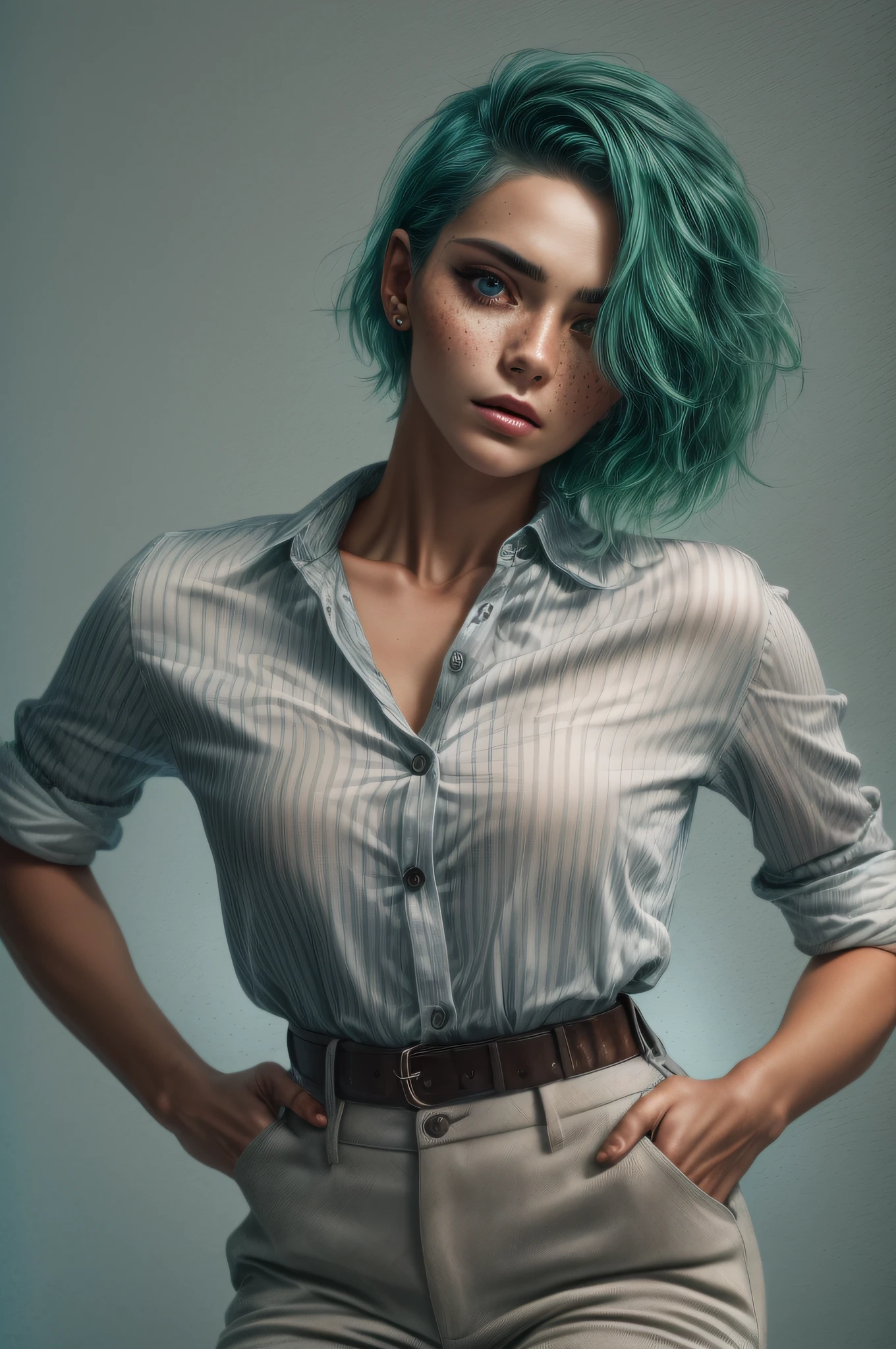 a photo of a seductive woman with loose styled green hair, posing in photo studio, she is wearing Button-up Shirt and Trousers, intricate details, goosebumps, flawless face, (light freckles:0.9), ((photorealistic):1.1), (raw, 8k:1.2), dark studio, muted colors