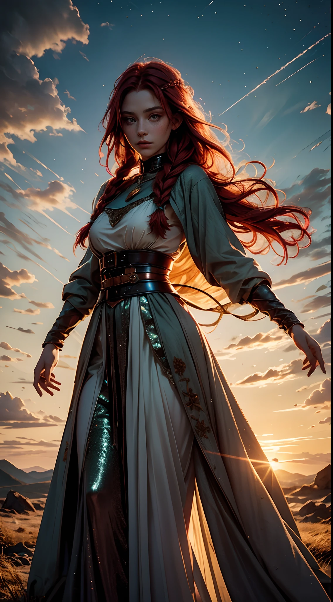 young witch, braided hair, red hair, green eyes, freckles, perfect body, perfect hands, collar, dress (long, noble, medieval), sexy pose, wind, magic, magic, glitter, sunset, evening light