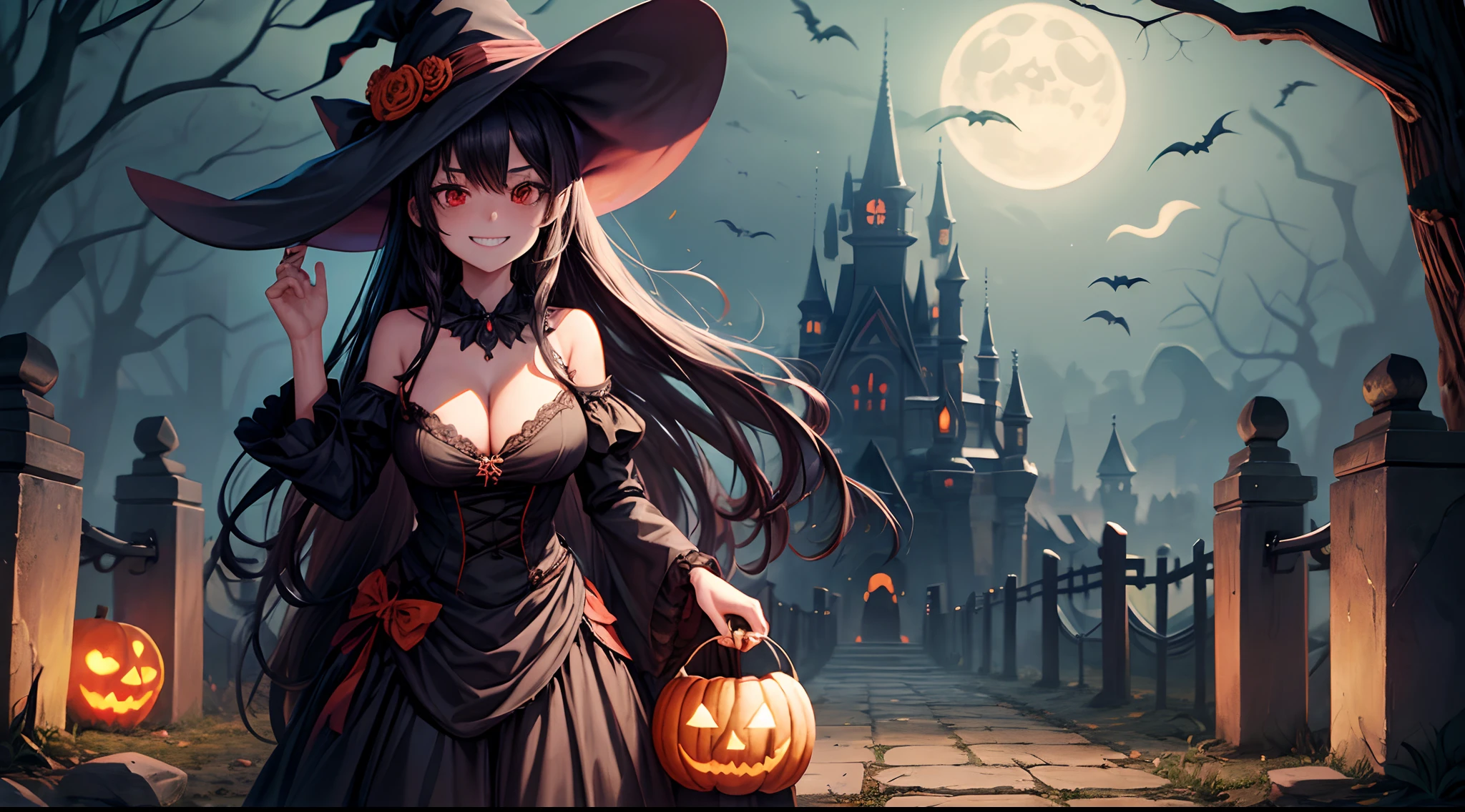 1girl, solo. halloween, witch, witch hat, long hair, black hair,, black dress, large breasts, cleavage, red eyes, black high heels, grin, skeleton, skull, pumpkin lanterns, old stone castle, owl on tree, grin moon, ghosts, graveyard, ceepy, pumpkin lanterns on spikes, witch broom in hand, standing
