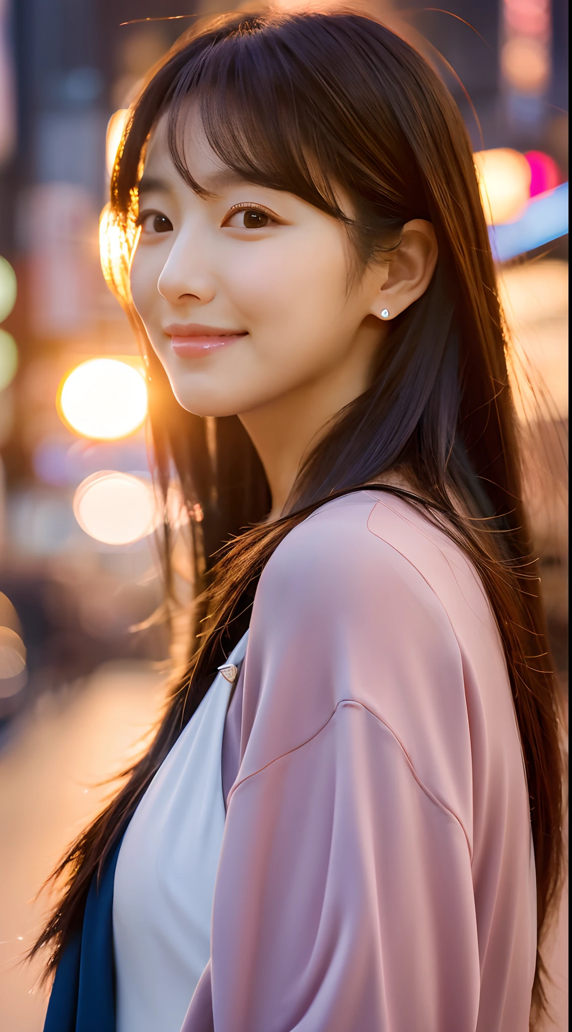 Realistic photos of (1 cute Korean star) hair behind ear, thin makeup, slightly smile, 32 inch breasts size,wearing camisole, standing at the Tokyo, sunset light, close-up portrait, UHD