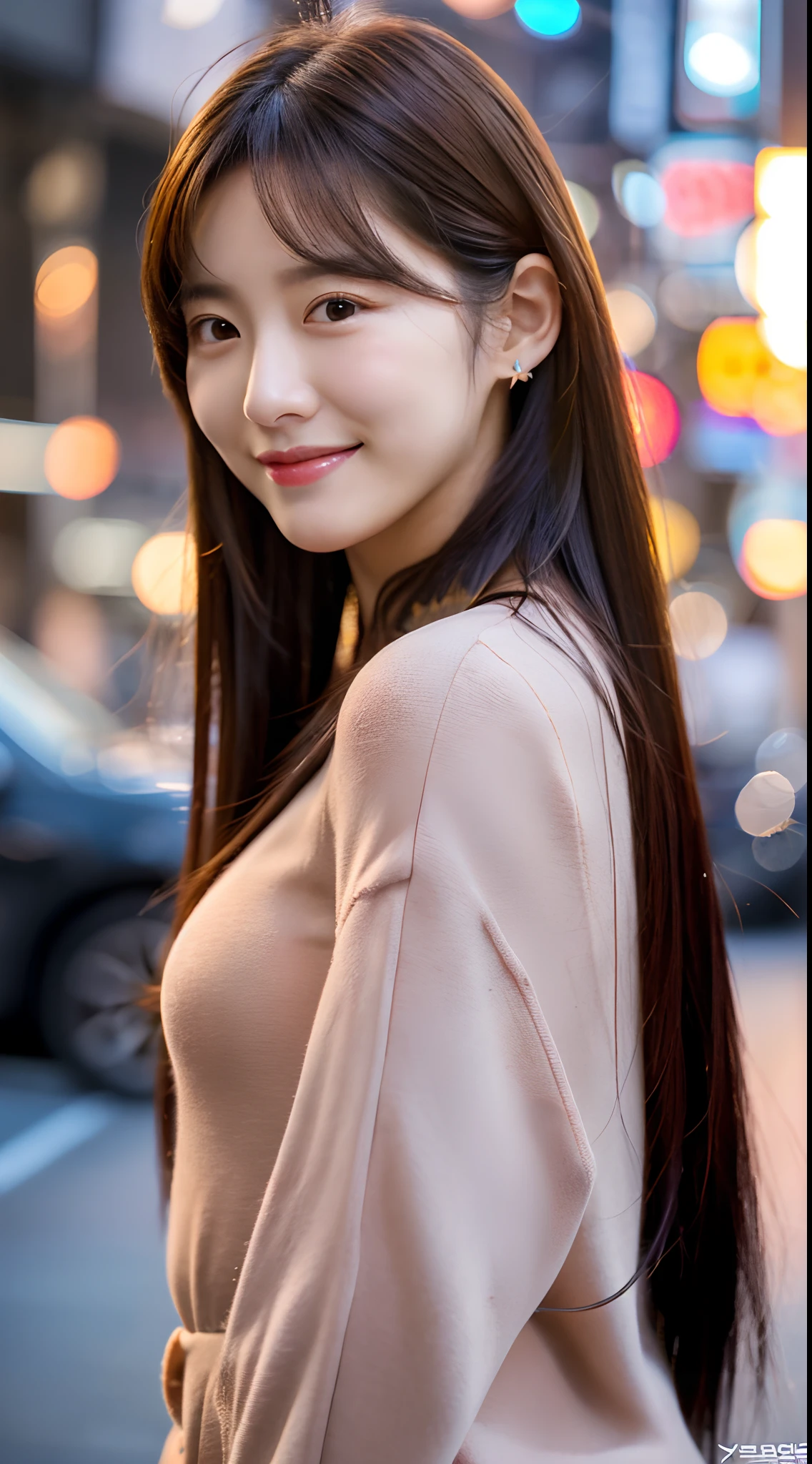 Realistic photos of (1 cute Korean star) hair behind ear, thin makeup, slightly smile, 32 inch breasts size,wearing camisole, standing at the Tokyo, sunset light, close-up portrait, UHD