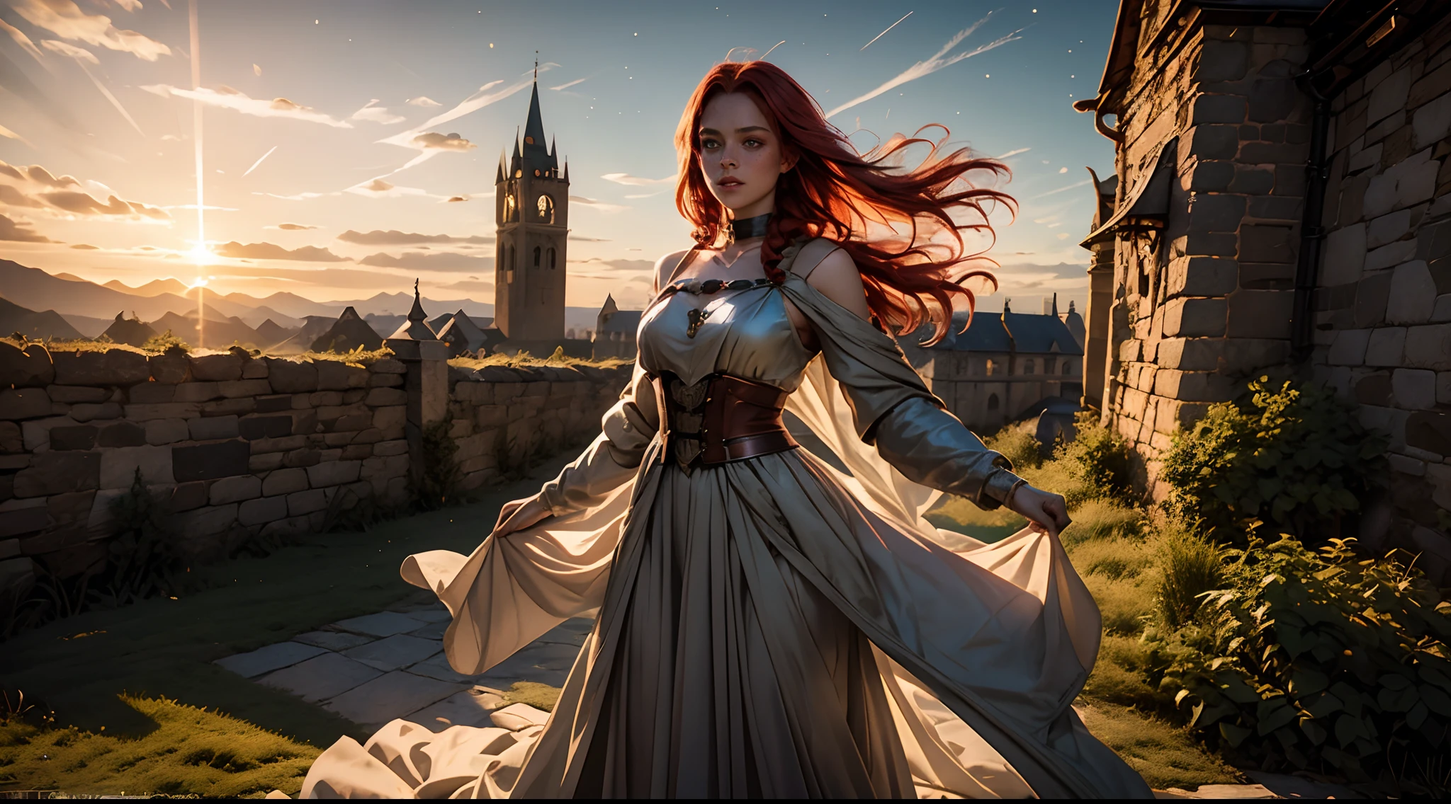 young witch, braided hair, red hair, green eyes, freckles, perfect body, perfect hands, collar, dress (long, noble, medieval), sexy pose, wind, magic, magic, glitter, sunset, evening light