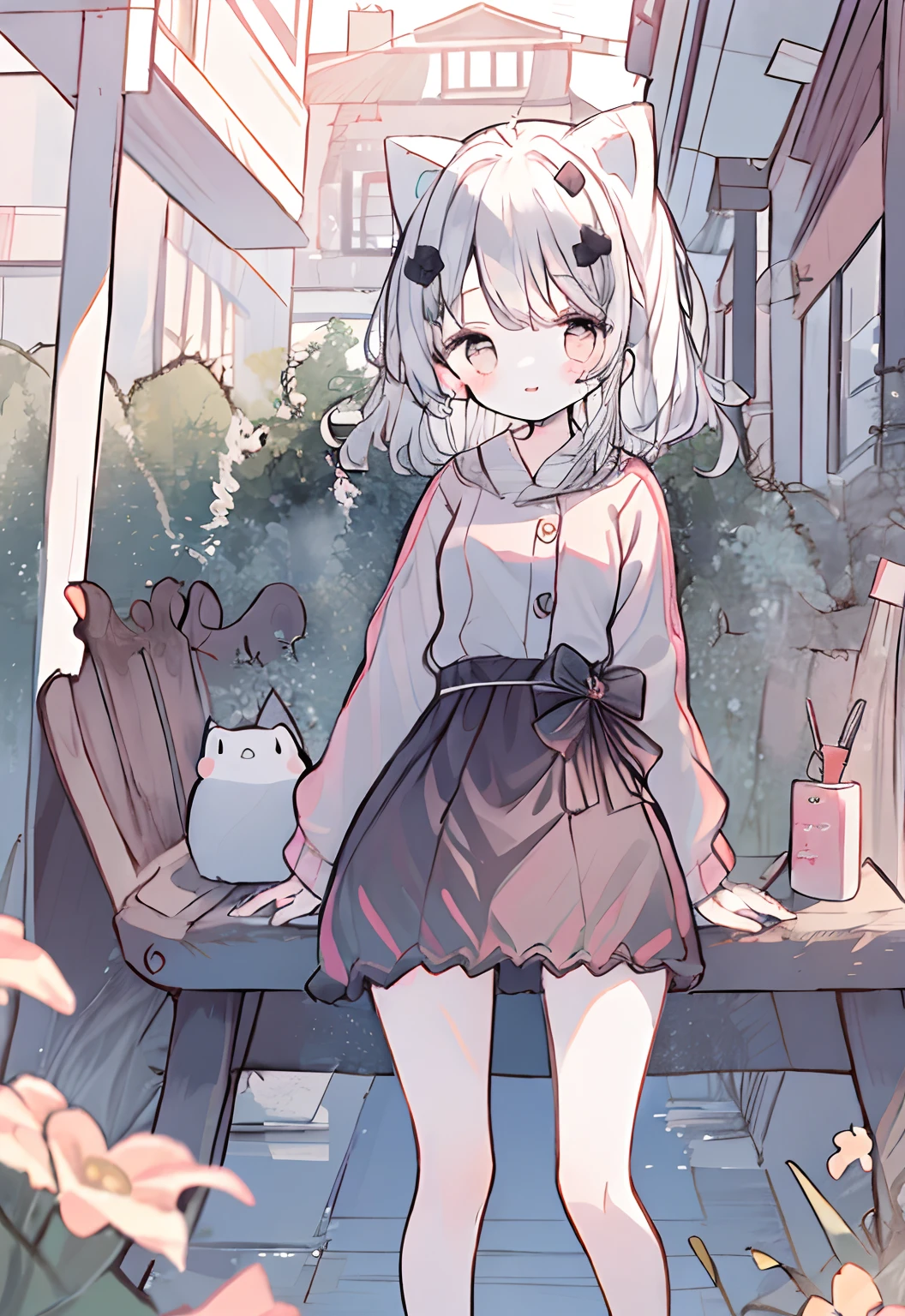 White hair、short-hair、Curled Hair、Light red eyes、Cute clothes、jaket、A slight smil、Black skirt、Small sunshine、Benches、shelter、high-angle、Hair swaying、florals、Street、Painted road、Cat's ears、Kawaii Girl、Cute design clothes、Knitted clothes