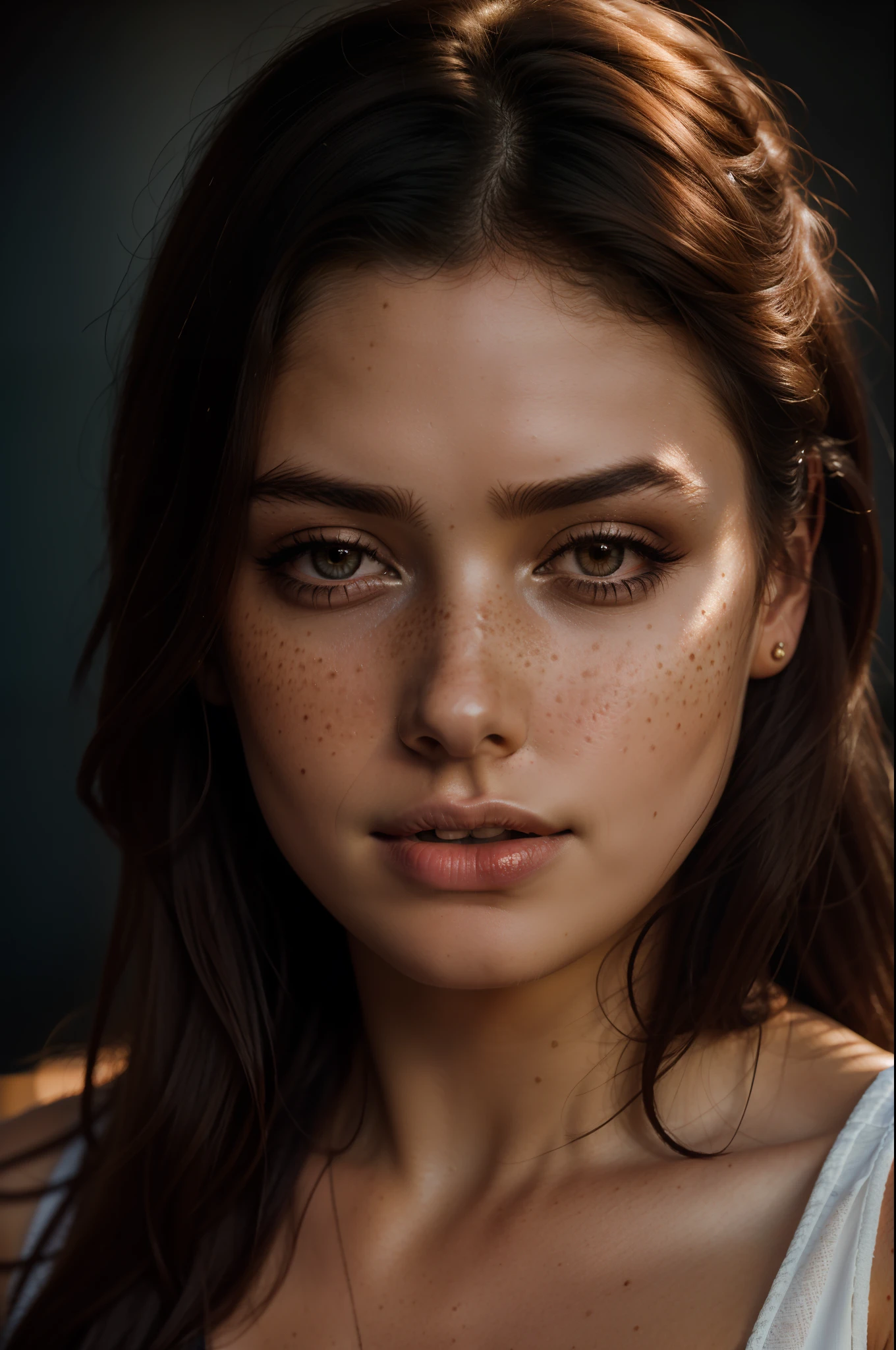 beautiful lady, freckles, dark makeup, hyperdetailed photography, soft light, head and shoulders portrait, cover