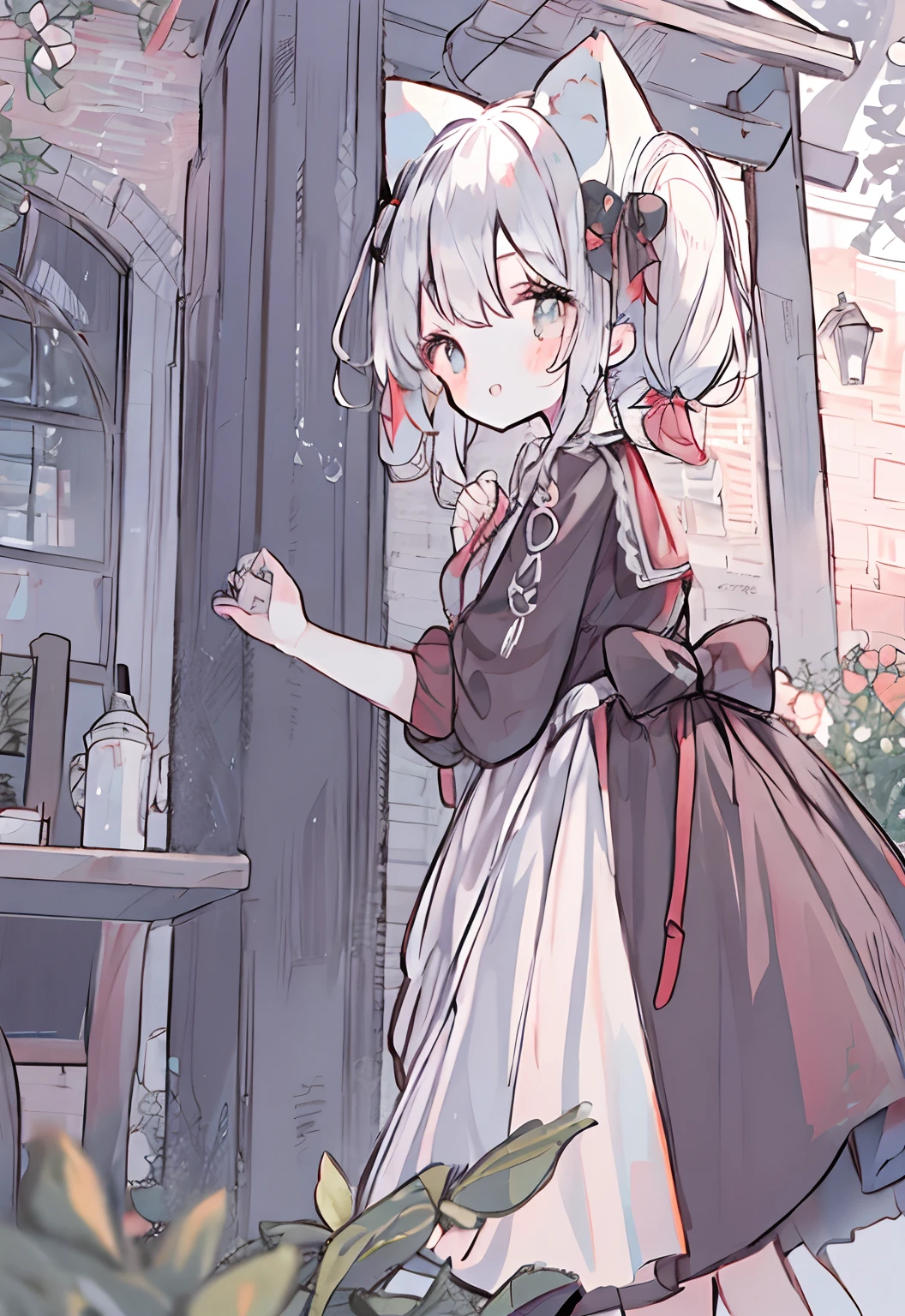 White hair、short-hair、Curled Hair、Light red eyes、Cute clothes、jaket、A slight smil、Black skirt、Small sunshine、Benches、shelter、high-angle、Hair swaying、florals、Street、Painted road、Cat's ears、Kawaii Girl、Cute design clothes、Knitted clothes