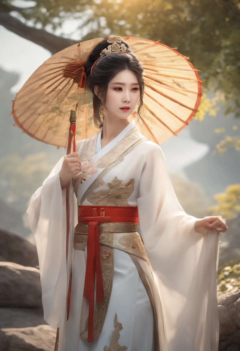 A girl, ancient Chinese costume, Whole body, Sunshine, Clear face, Clean white background, Masterpiece, Super detail, Epic composition, Ultra HD, High quality, Extremely detailed, offcial art, Uniform 8K wallpaper, Super detail, 32K