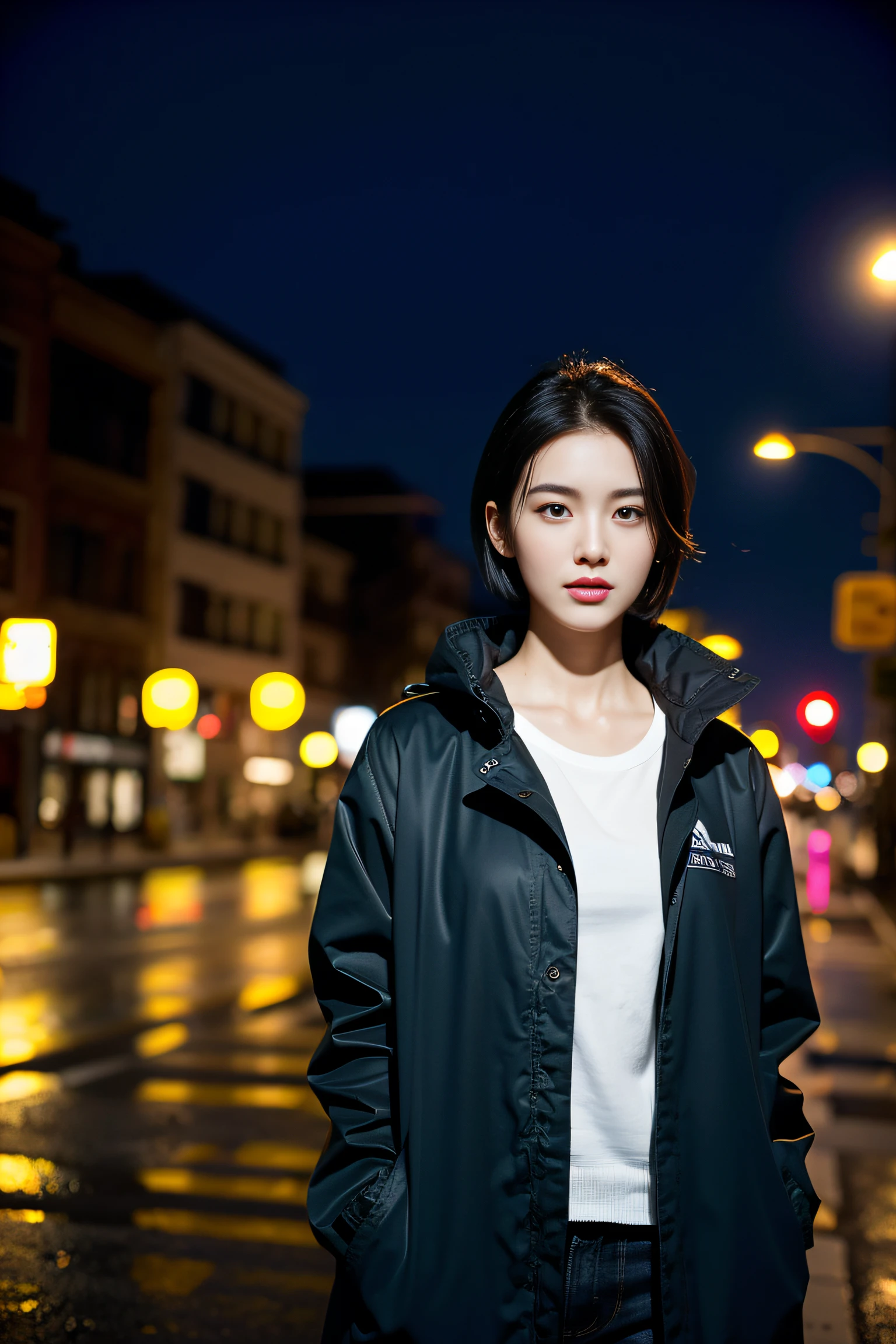 (Best quality, Complex details: 1.2,Realistic:1.2) ,A girl\(24 years old\),[Liu Yifei:0.9],black raincoat,short hair, ,stand ,,street, after rain,City lighting,white skin,detailed face,