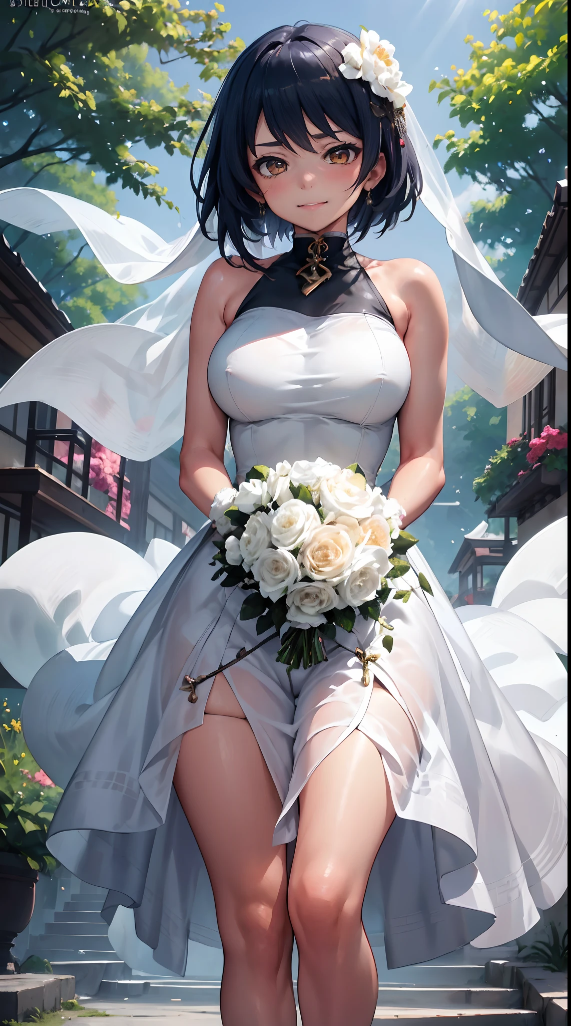 Kujou Sara | genshin impact, master-piece, bestquality, 1girls,25 years old, proportional body, proportional., Wedding Dresses, White Wedding Dress, Long skirt, wedding, ,bara, Standing in the middle of a flower garden, outdoor, wedding, The sky is beautiful, In a paradise of love and happiness................................................, The bride wears a Japanese dress and a seductive smile................................................, The passage of time stops at theirs................................................, On this wedding day of love and happiness................................................, Bright and beautiful flowers, Holding it in her hands symbolizes the envelopment of love................................................, Love and friendship through the transmission of flowers, In a paradise of love and happiness................................................, A bride in a yukata wearing a masika................................................, It is a form of beauty and elegance................................................, Show your spouse your heart..............................................., In a paradise of love and happiness................................................, Kochikugisa is the tree of new beginnings................................................, And their love and affection............................................., And suck a lot of love................................................, Flowers represent love and peace................................................, In a paradise of love and happiness................................................, View viewers from the front., Thigh strap, Head tilt, bored, 10, 10, HD, slight smile,