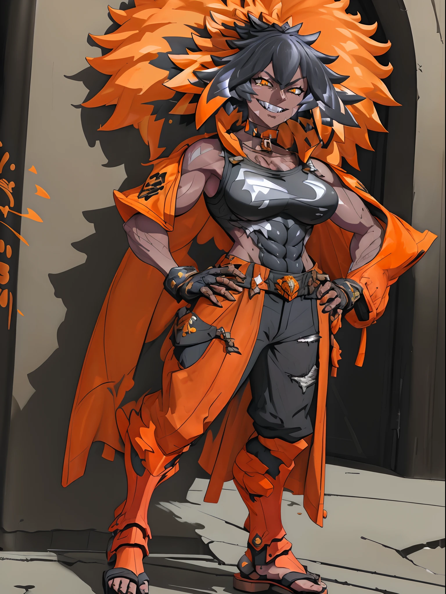 (Masterpiece, best quality:1.2), (highres, ultra-detailed), (absurdres, perfect anatomy), 1girl, solo, , anihh, slit pupils, dark-skinned female, black hair, orange colored inner hair, scar, fangs, black choker, hands on hips, outdoors, open vest, black loose t-shirt, black shorts, fingerless gloves, muscular, (covered (navel:0.5)) , full body flipflops,(icone de um jogo), (icone de peitoral : 1.5), um peitoral , peitoral marrom, chest plate, peitoral pesada marrom, peitoral grosso, peitoral de Armadura intrincada, peitoral de armadura de fantasia pesada, peitoral detalhado, armadura ornamentada, peitoral de Armadura Paladina, peitoral dearmadura de batalha, intrincada peitoral, smile, full body