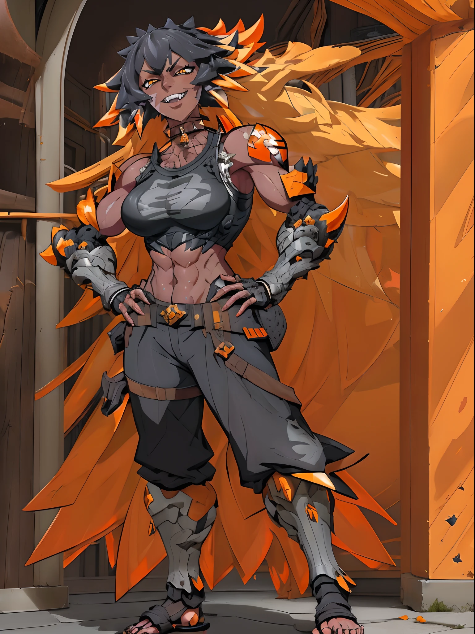 (Masterpiece, best quality:1.2), (highres, ultra-detailed), (absurdres, perfect anatomy), 1girl, solo, , anihh, slit pupils, dark-skinned female, black hair, orange colored inner hair, scar, fangs, black choker, hands on hips, outdoors, open vest, black loose t-shirt, black shorts, fingerless gloves, muscular, (covered (navel:0.5)) , full body flipflops,(icone de um jogo), (icone de peitoral : 1.5), um peitoral , peitoral marrom, chest plate, peitoral pesada marrom, peitoral grosso, peitoral de Armadura intrincada, peitoral de armadura de fantasia pesada, peitoral detalhado, armadura ornamentada, peitoral de Armadura Paladina, peitoral dearmadura de batalha, intrincada peitoral, smile, full body
