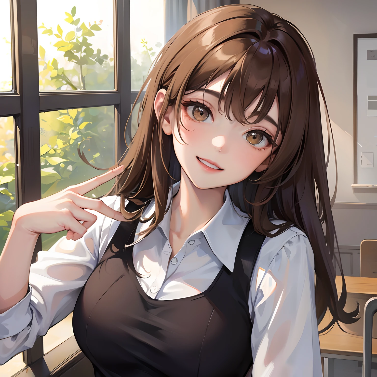 Best quality, masterpiece, ((sexy body)), girl with brown hair and glowing hazel eyes, wearing teacher uniform, smiling