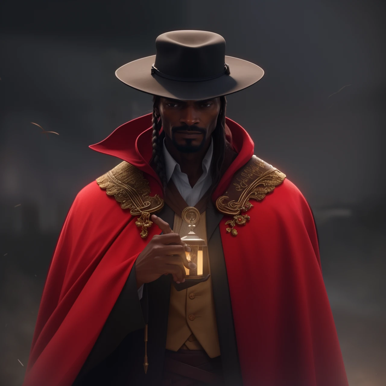 A cinematic close-up, Hiperrealista de extrema beleza, Perfection and details of a man in a hat and cape, Snoop Dogg como um Mago, Jessé McCree, Snoop Dogg como Doutor Estranho, he is wearing a top hat, Feiticeiros Cyberpunk Africanos, Mario como The Witcher, Retrato de um feiticeiro vermelho, portrait of a bloodborne hunter, estilo bloodborne, epic and elegant portrait, character with a hat, 16k, highes definition, rosto detalhado, rosto detalhado, olhos detalhados, terno detalhado, estilo DC, hiper-realista, + Cinematographic shot + dynamic compositing, incrivelmente detalhado, nitidez, detalhes + detalhes soberbos + noite com luz + perfeccionismo + realismo premiado ((soft-lighting))