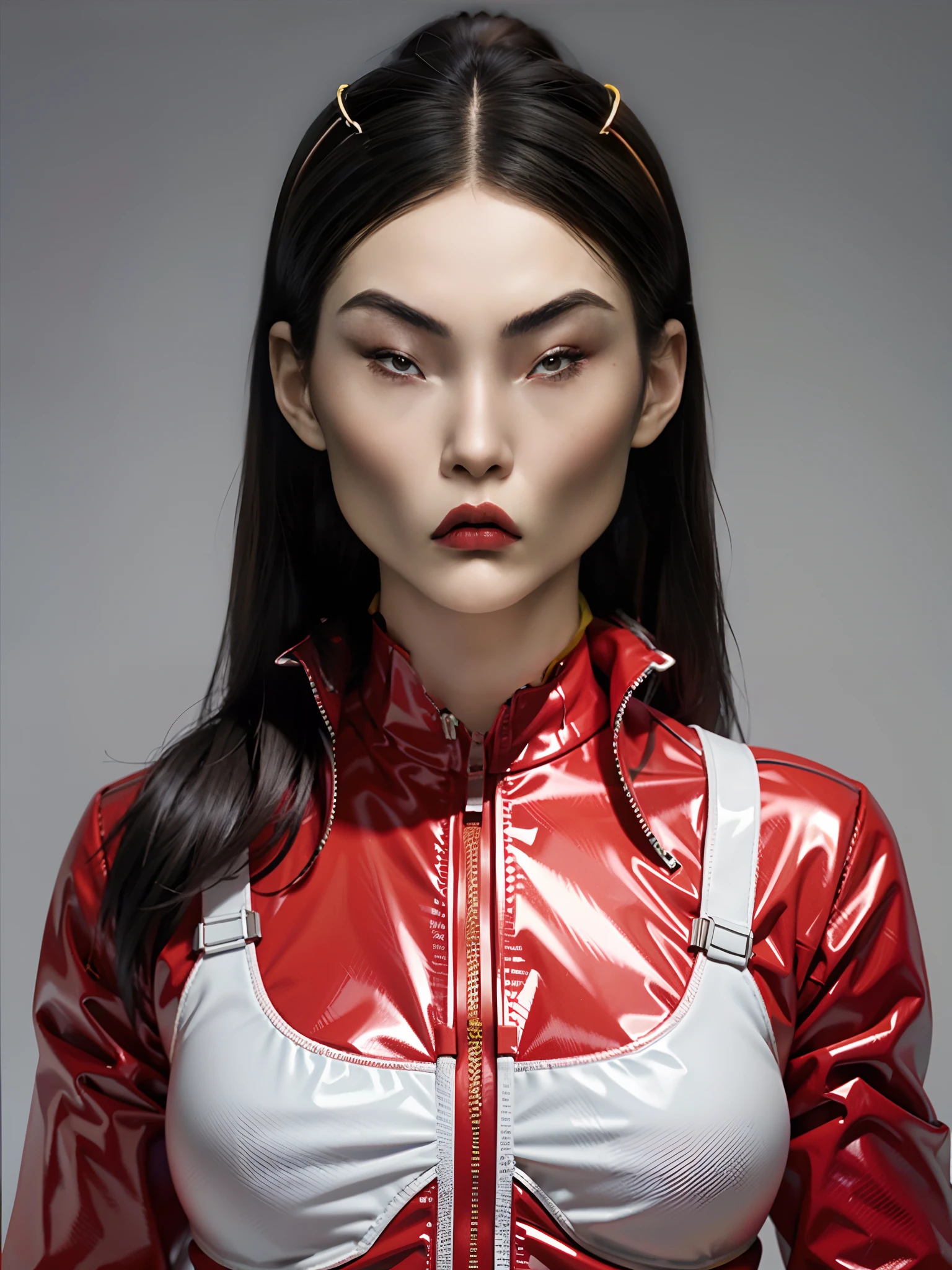 1 beautiful woman，Wearing fluorescent red and yellow PVC mech，bulletproof vest，little breast，cyber punk perssonage，greybackground