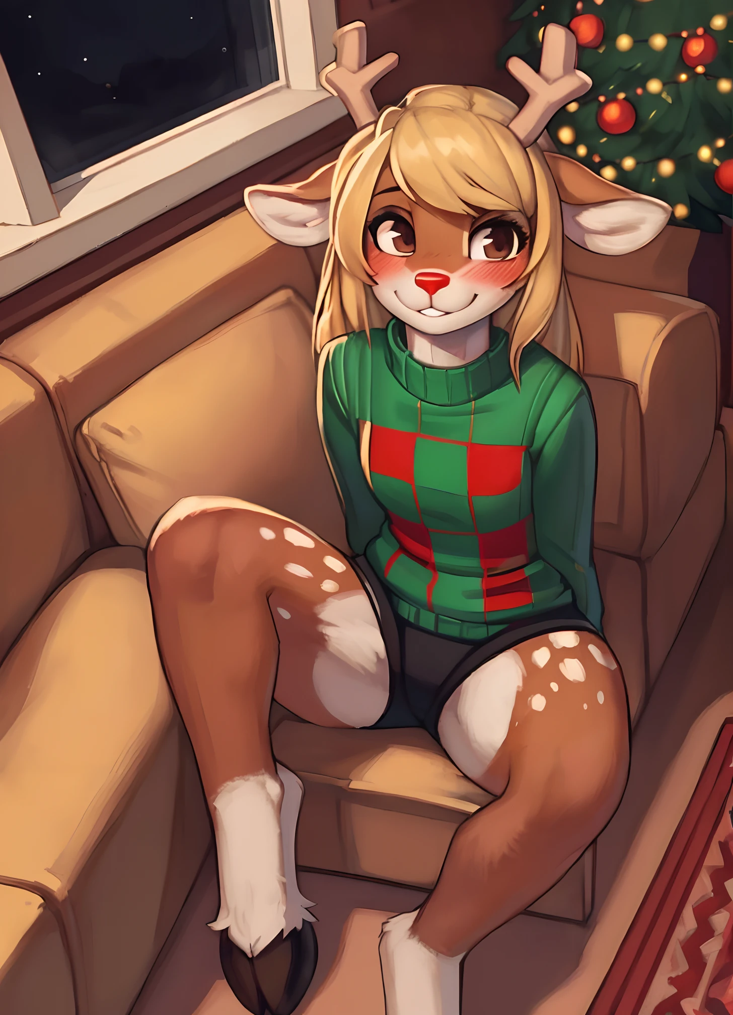 [noelleholiday], [Deltarune], [Uploaded to e621.net; (Pixelsketcher), (wamudraws), (woolrool)], ((masterpiece)), ((HD)), ((high quality)), ((solo portrait)), ((bird's-eye view)), ((feet visible)), ((furry; anthro)), ((detailed fur)), ((detailed shading)), ((beautiful render art)), ((intricate details)), {anthro deer; brown fur, red nose, brown eyebrows, cute brown eyes, (short eyelashes), long blonde hair, short fluffy tail, (deer antlers), cute smile, (white buckteeth), (blushing), (beautiful defined legs), (beautiful hooves)}, {(red and green checkered sweater), (fluffy white collar), (black lounge shorts)}, {(on couch), (sitting), (looking at viewer)}, [background; (living room), (fireplace), (christmas decorations), (christmas tree), (window), (snow in window), (starry sky)]