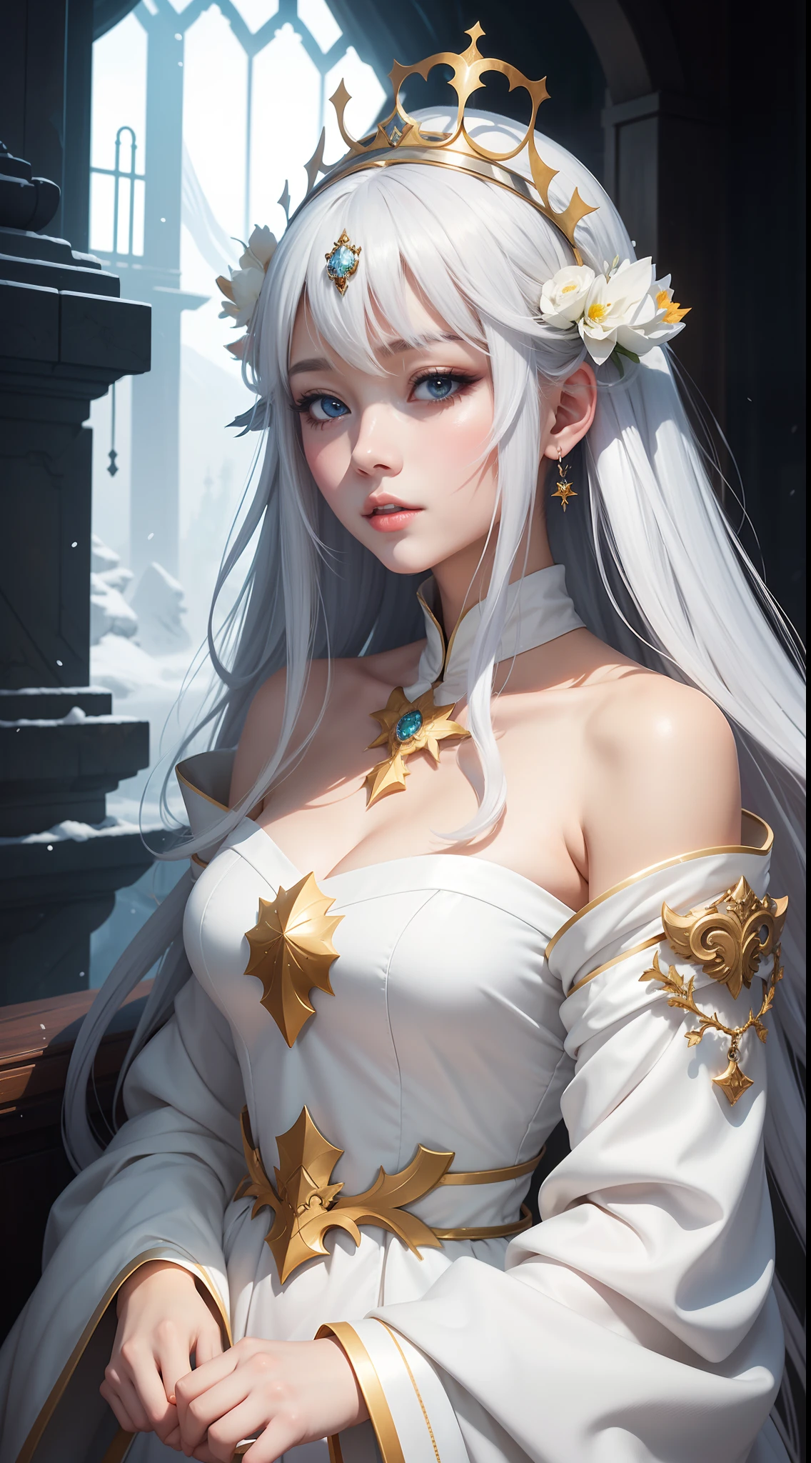 anime, a woman in a white dress with a crown on her head, fanart best artstation, by Yang J, trending on artstation pixiv, goddess of winter, trending on cgstation, fantasy art style, guweiz on pixiv artstation, detailed digital anime art, guweiz on artstation pixiv, anime fantasy illustration