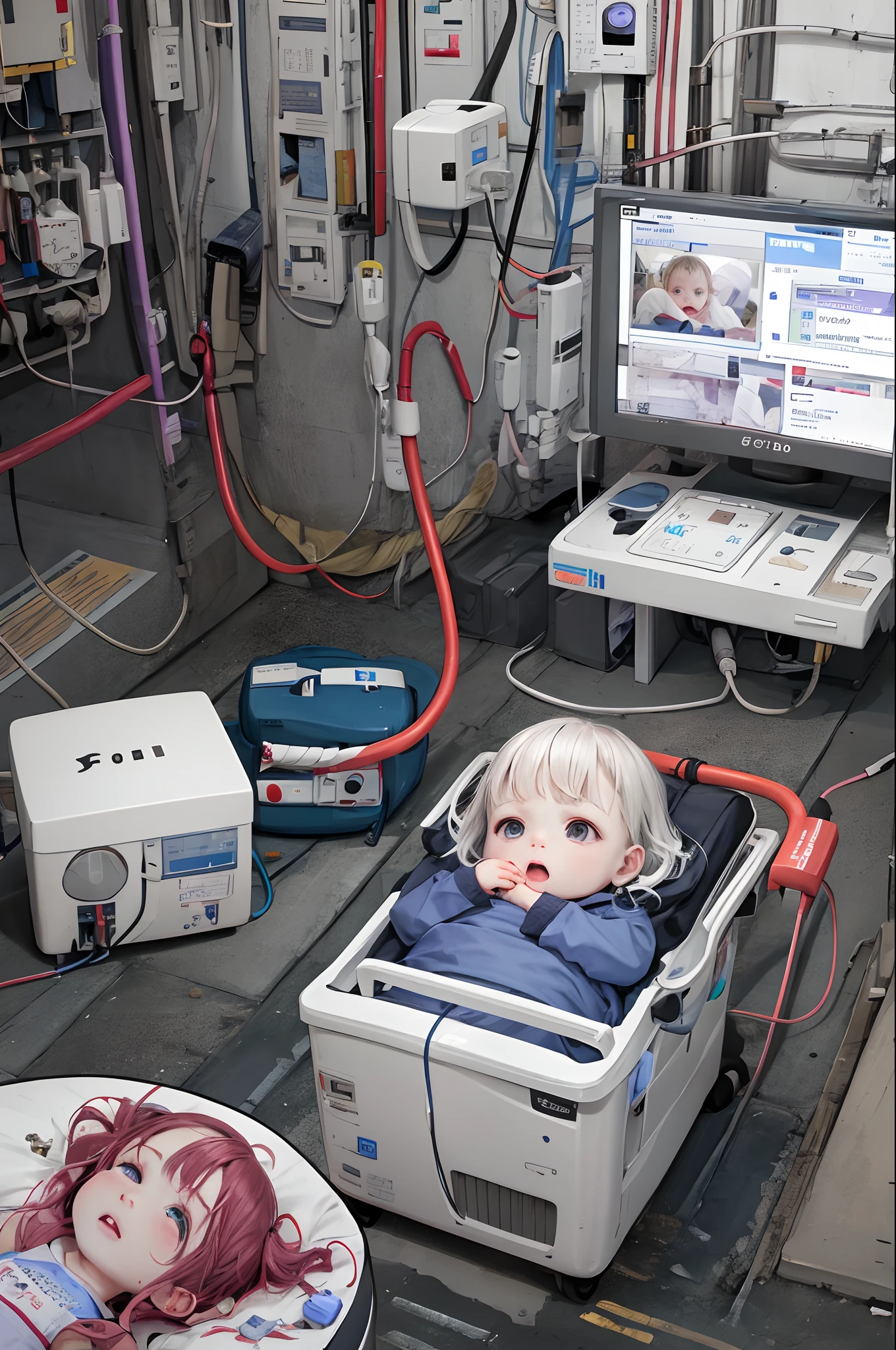 baby dead at birth due to heart failure, white child with purple spots surrounded by doctors with defibrillators trying to resuscitate