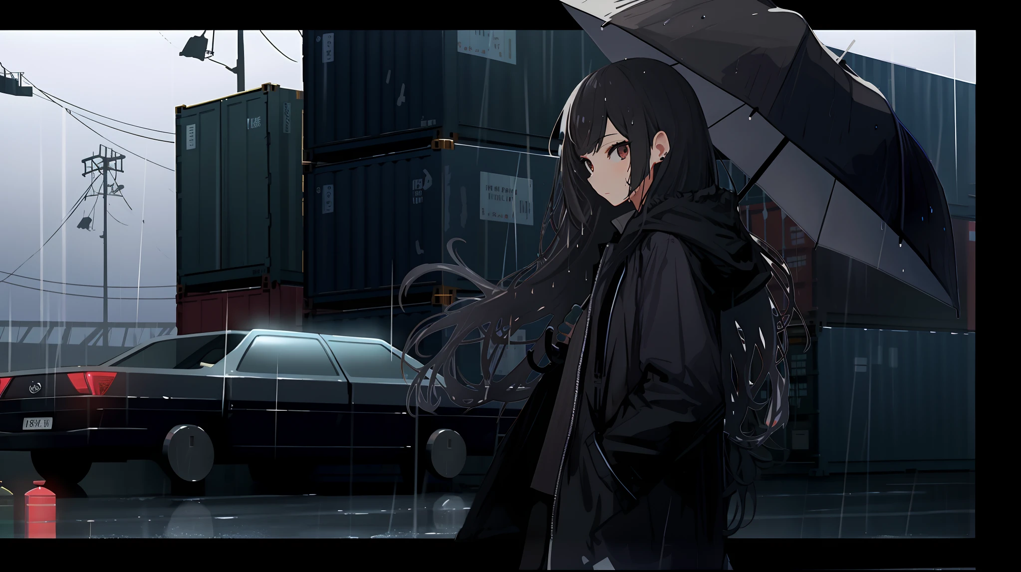 Anime characters walking in the rain，Holding an umbrella in front of the car, style of anime4 K, Guviz-style artwork, Anime style. 8K, 4K anime wallpaper, anime moe art style, rainy days, rainy streets in the background, very heavy rain, In the rain, Anime art wallpaper 8 K, rained!!, Anime art wallpaper 4 K