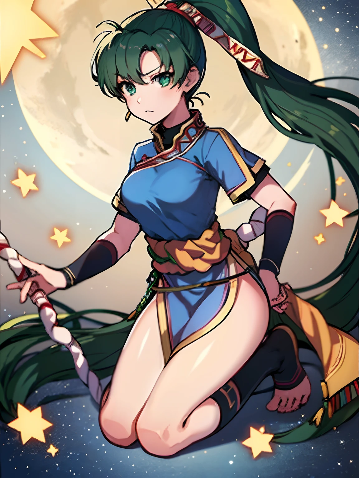 (Lyn from FE)(serious expression) (full body) (high quality)(a moon and stars pattern in the background)