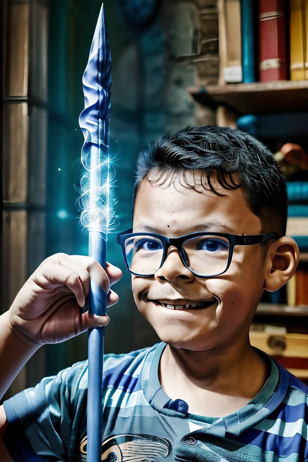 guttojugg1, Create a realistic photograph of a 3--old  wearing glasses, meio-corpo, Facing the viewer with detailed facial features, (((vestido como um bruxo))) em seu traje de assinatura. Ele segura (((A magic wand))) Emitindo (((raios azuis de sua ponta))). The boy's joy is expressed through his discovery of magic. In the background, A magical and surreal setting. Torne-o hiper-realista e altamente detalhado com um fundo desfocado.