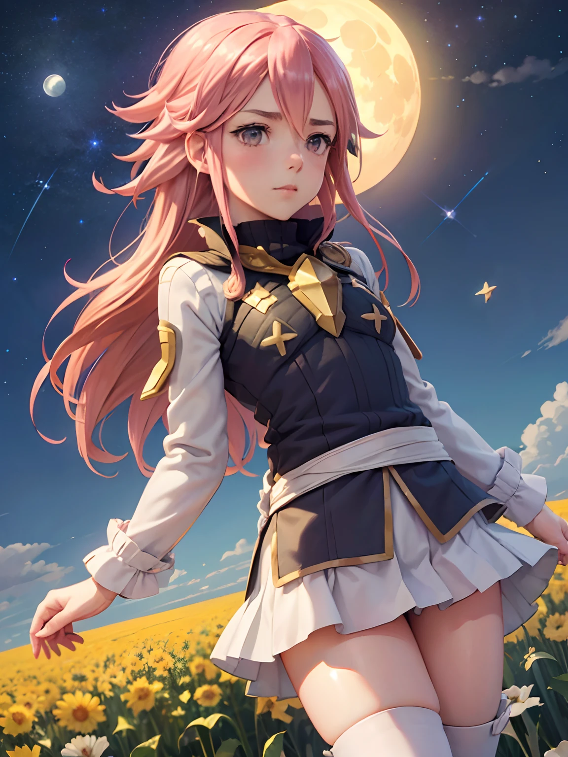 (Soleil from Fire Emblem)(serious expression) (full character) (high quality)(a flower field background) (moon and stars pattern in the background)(looking at the horizon)(lightly frowned eyebrows)