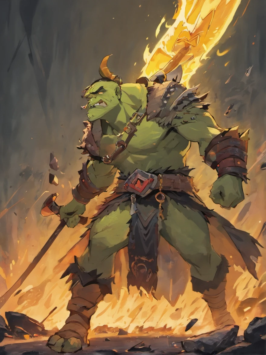An orc warrior, ferocious, fangs exposed, broken armor, with a giant axe in hand, battlefield background, (best quality, 4k, highres, masterpiece:1.2), ultra-detailed, (realistic, photorealistic, photo-realistic:1.37), HDR, studio lighting, physically-based rendering, extreme detail description, professional, vivid colors, bokeh, portraits, landscape, horror, anime, sci-fi, photography, concept artists, dark colors, dramatic lighting.