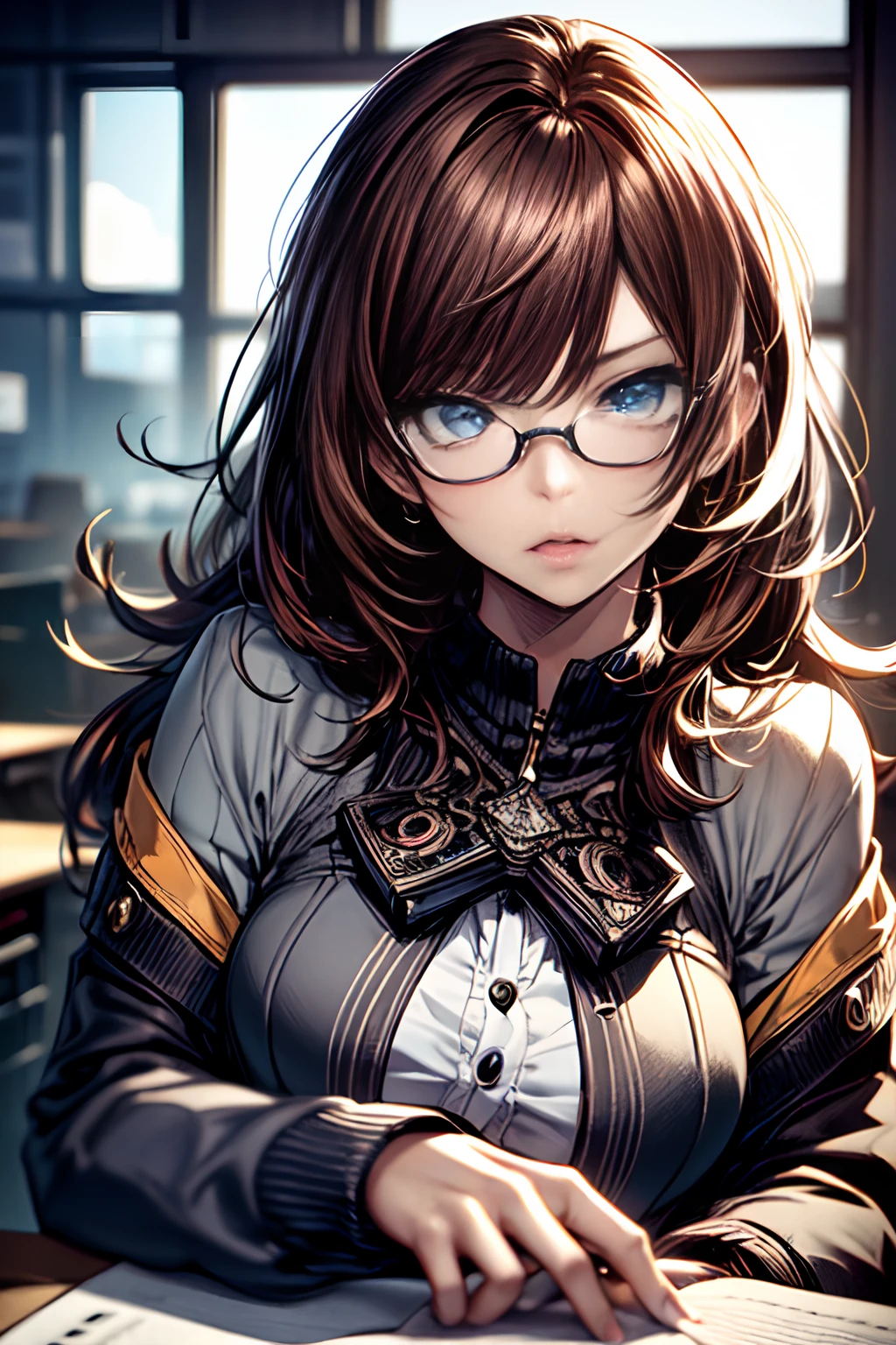eye glass。top-quality, Photorealistic, An ultra-fine illustrations, beautiful attractive anime girl, Brown hair, Slender body, Tied hair, one girls, a photo of girl, Full body shot, Beautiful blue eyes, Turned, in a office、Sitting at your desk、Women's Suits、Ahegao , Silly,Sexual ecstasy,Drunken eyes,Blunt bangs,,(masutepiece:1.2, Best Quality), (finely detailed beautiful eye: 1.2), (Detailed background,Dark Fantasy), (beautifull detailed face), High contrast, (Best Illumination, extremely delicate and beautiful), ((Cinematic Light)), Colorful, Hyper Detail, Dramatic light, Intricate details,